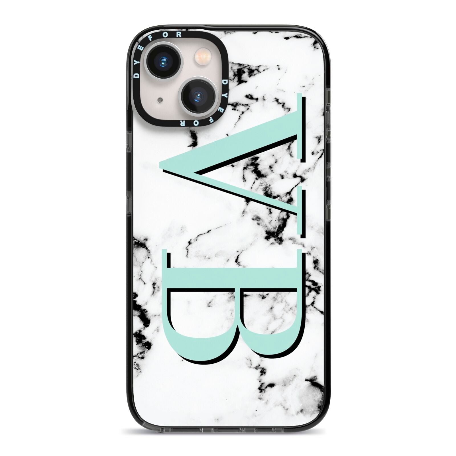 Personalised Mint Big Initials Marble iPhone 13 Black Impact Case on Silver phone