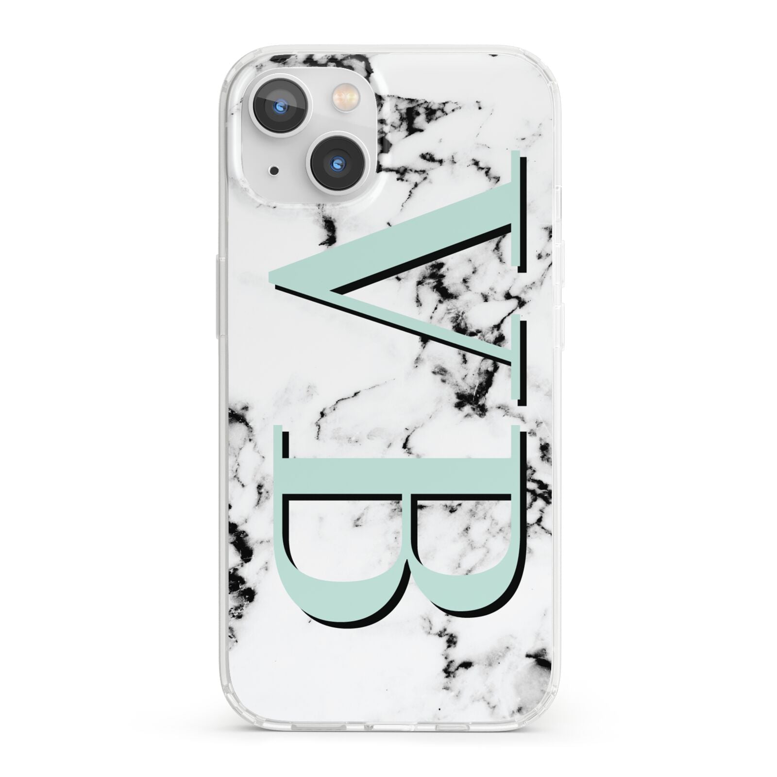 Personalised Mint Big Initials Marble iPhone 13 Clear Bumper Case