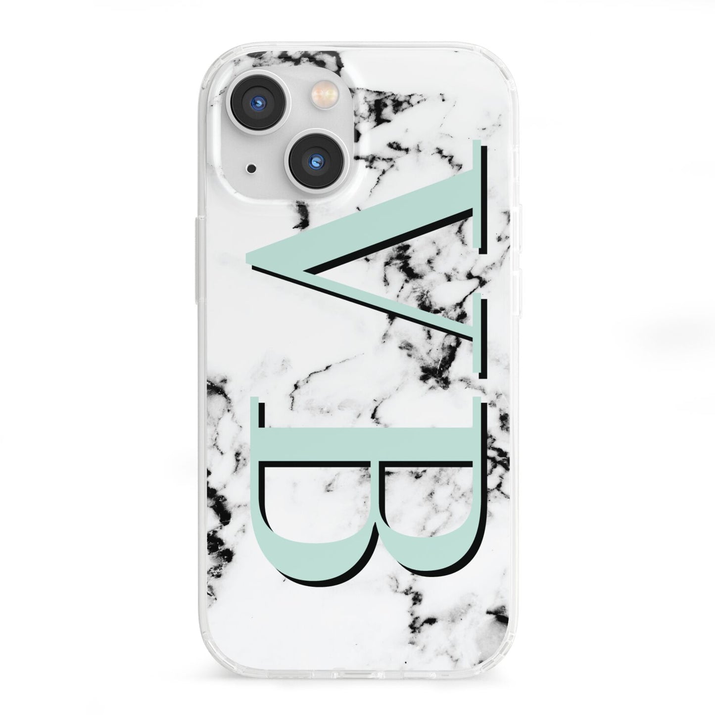 Personalised Mint Big Initials Marble iPhone 13 Mini Clear Bumper Case