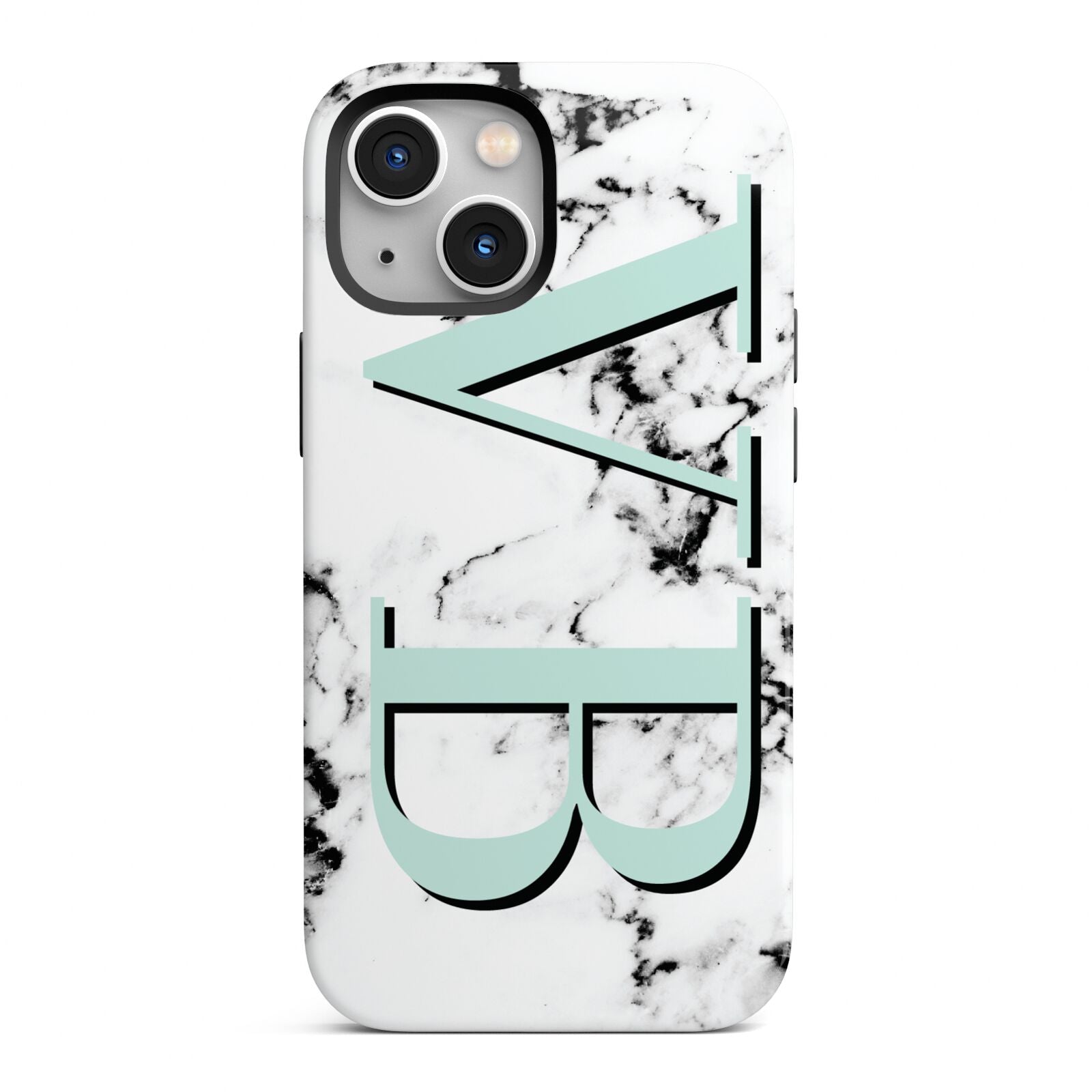 Personalised Mint Big Initials Marble iPhone 13 Mini Full Wrap 3D Tough Case