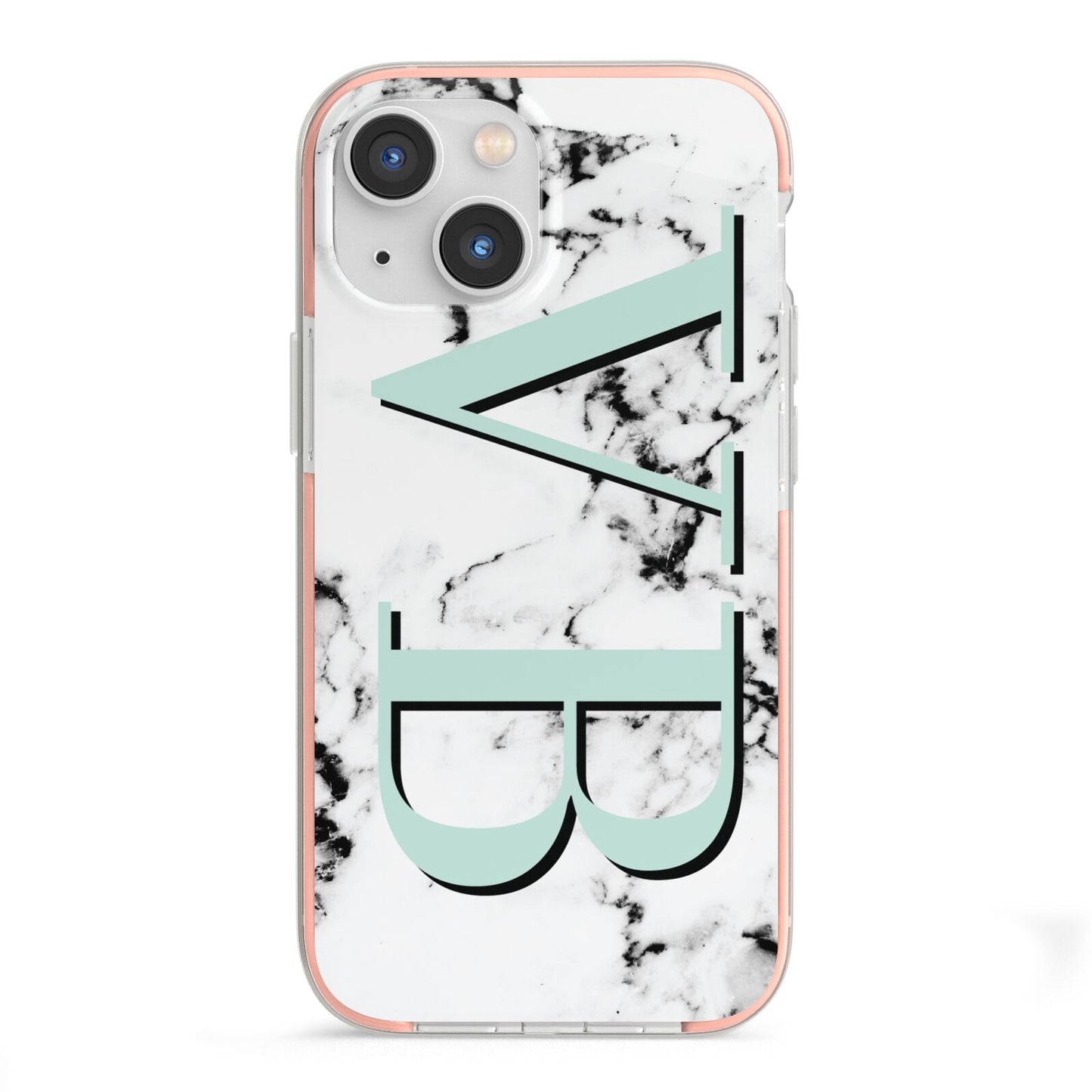 Personalised Mint Big Initials Marble iPhone 13 Mini TPU Impact Case with Pink Edges