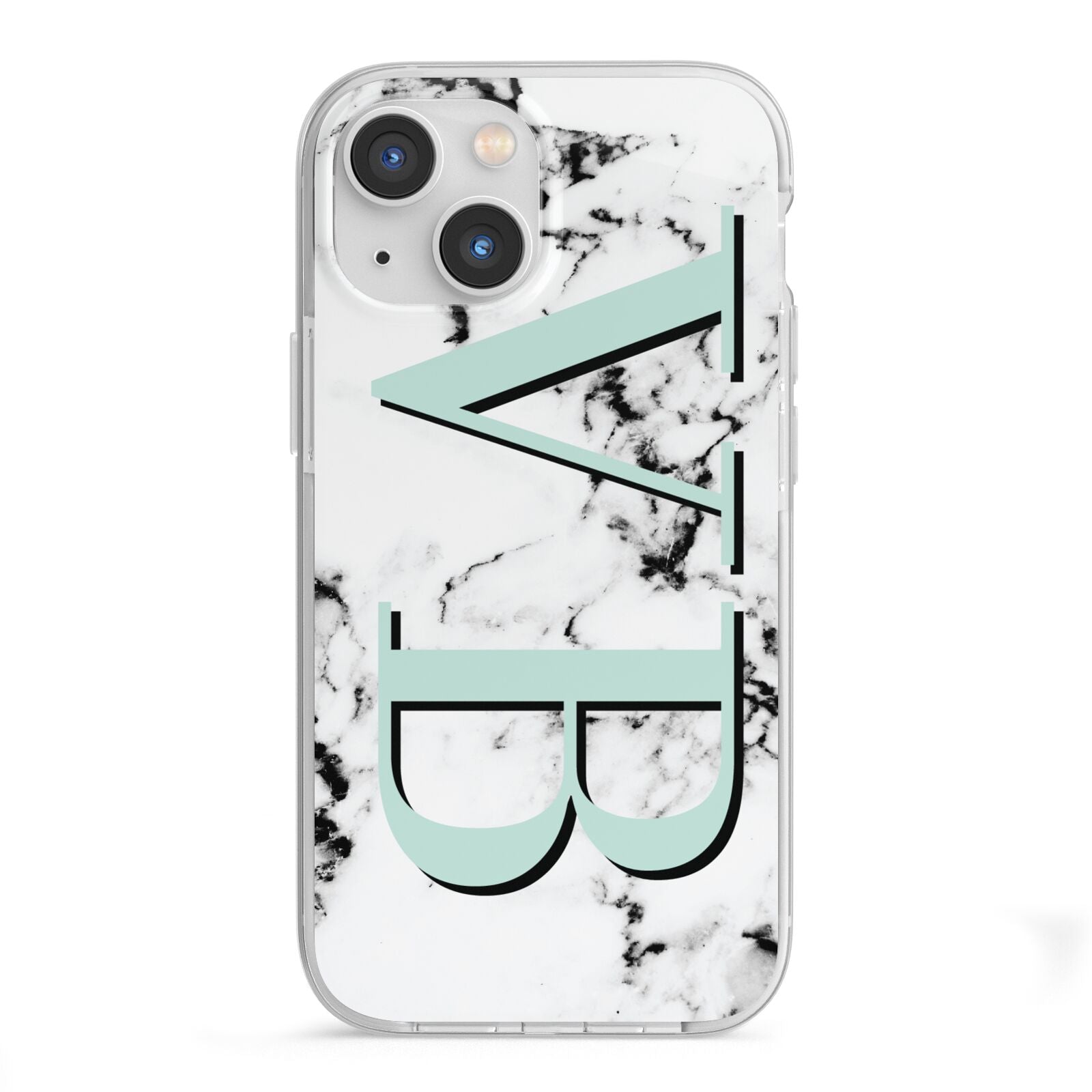 Personalised Mint Big Initials Marble iPhone 13 Mini TPU Impact Case with White Edges