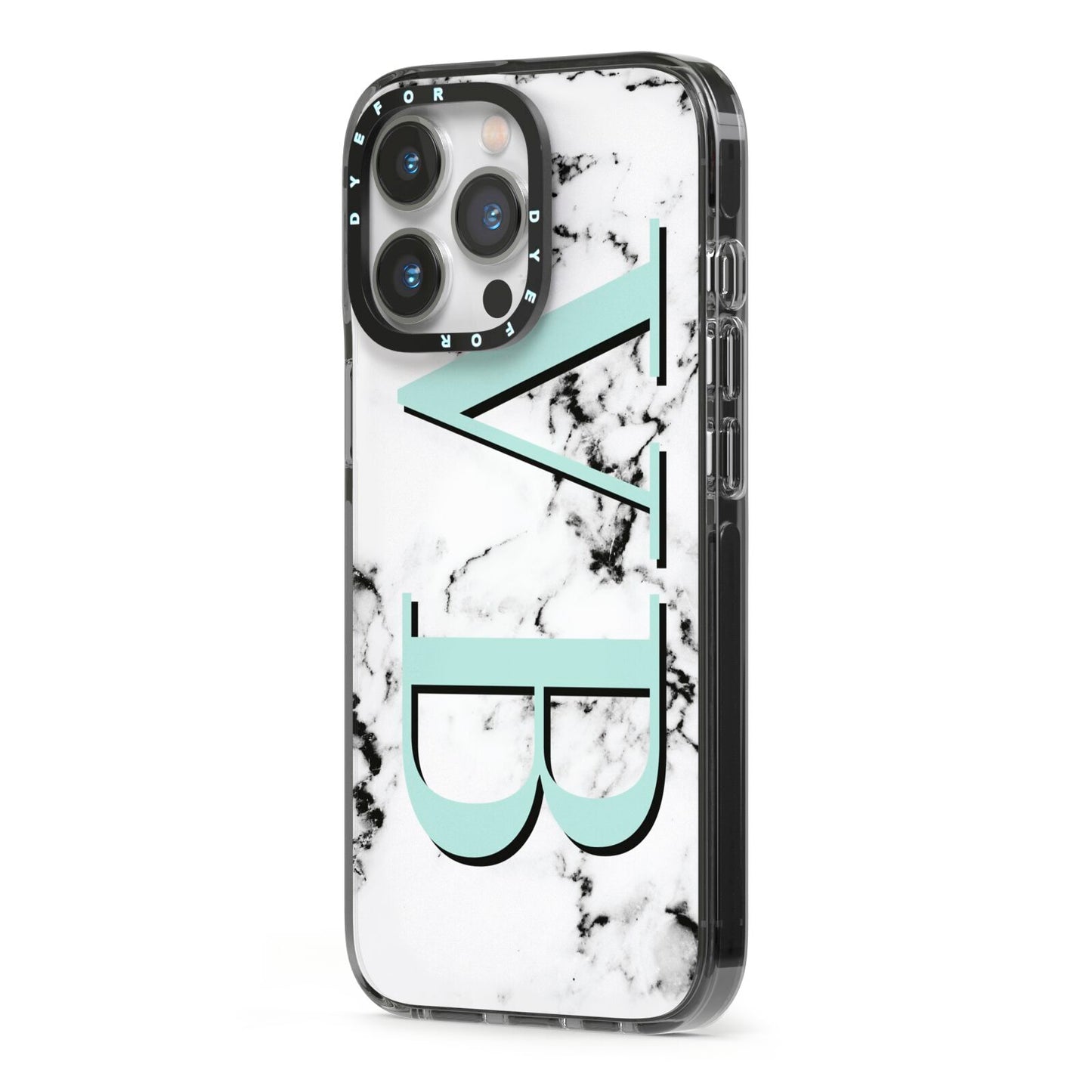 Personalised Mint Big Initials Marble iPhone 13 Pro Black Impact Case Side Angle on Silver phone