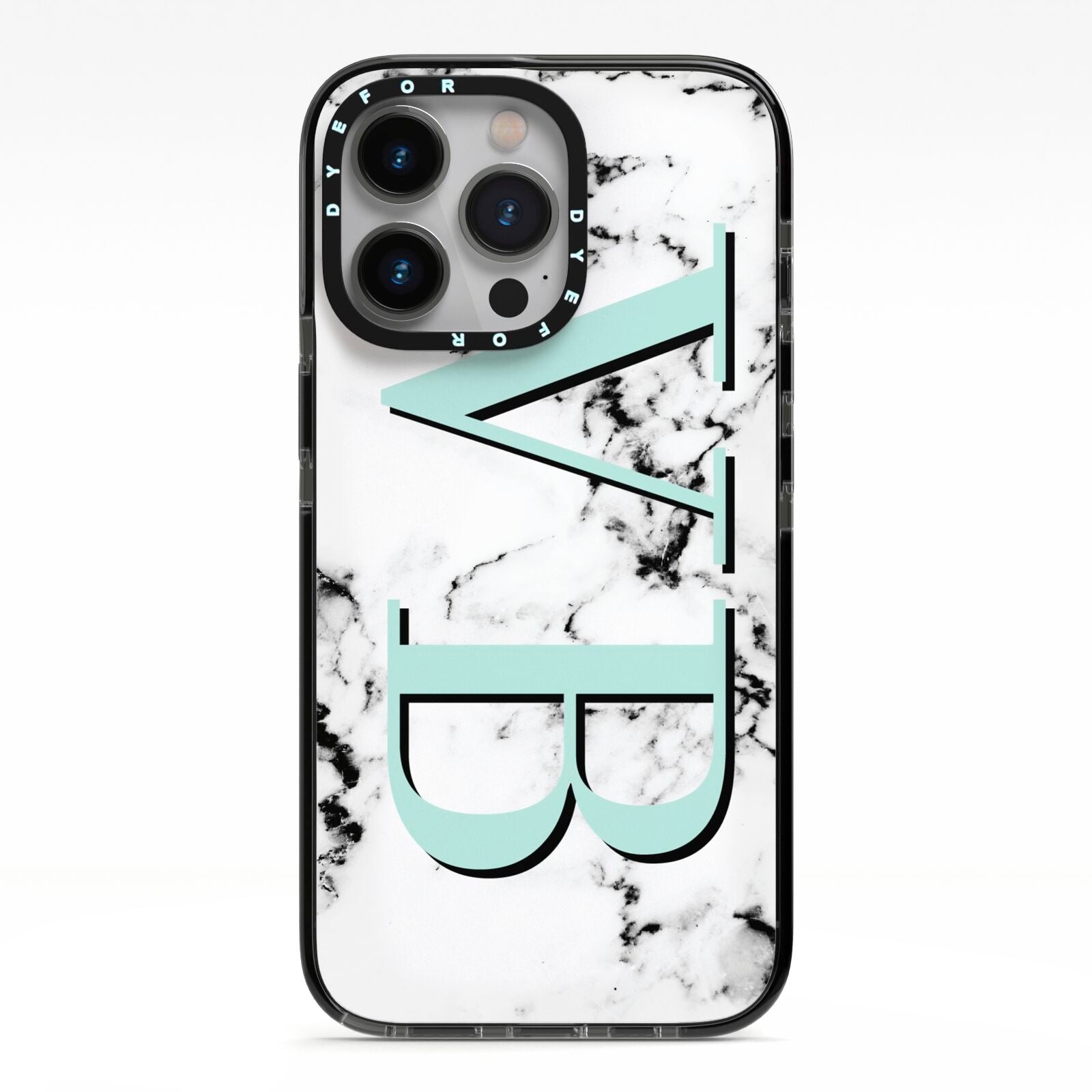 Personalised Mint Big Initials Marble iPhone 13 Pro Black Impact Case on Silver phone