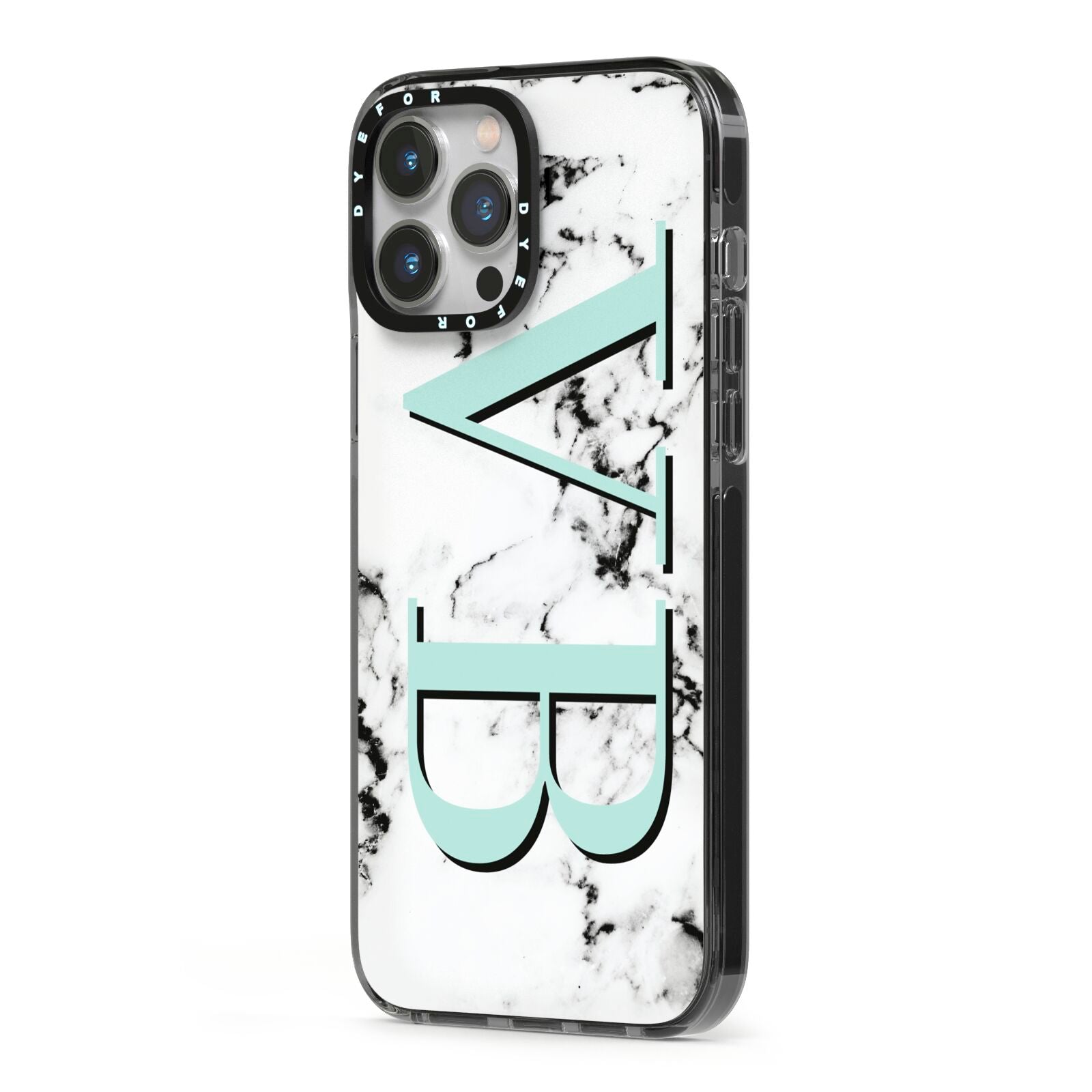 Personalised Mint Big Initials Marble iPhone 13 Pro Max Black Impact Case Side Angle on Silver phone