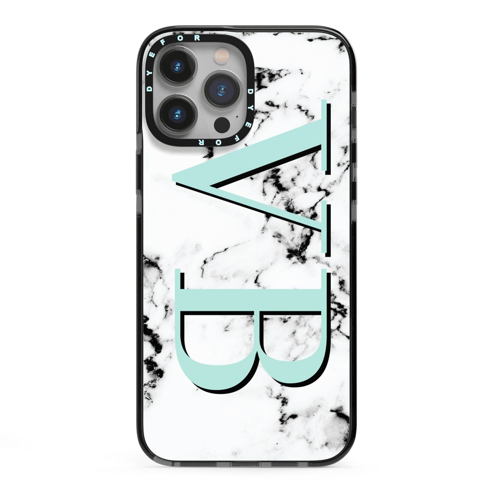 Personalised Mint Big Initials Marble iPhone 13 Pro Max Black Impact Case on Silver phone