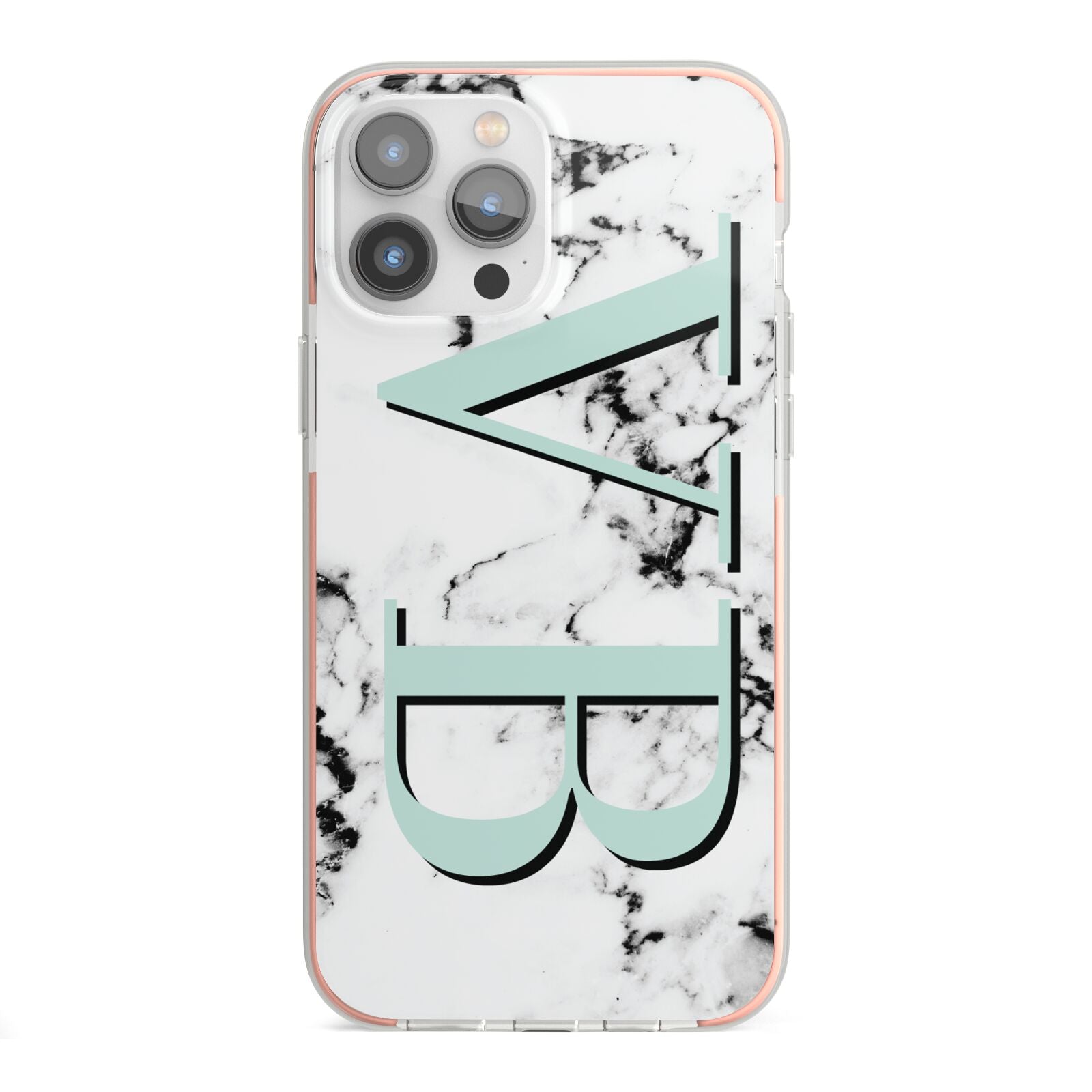 Personalised Mint Big Initials Marble iPhone 13 Pro Max TPU Impact Case with Pink Edges