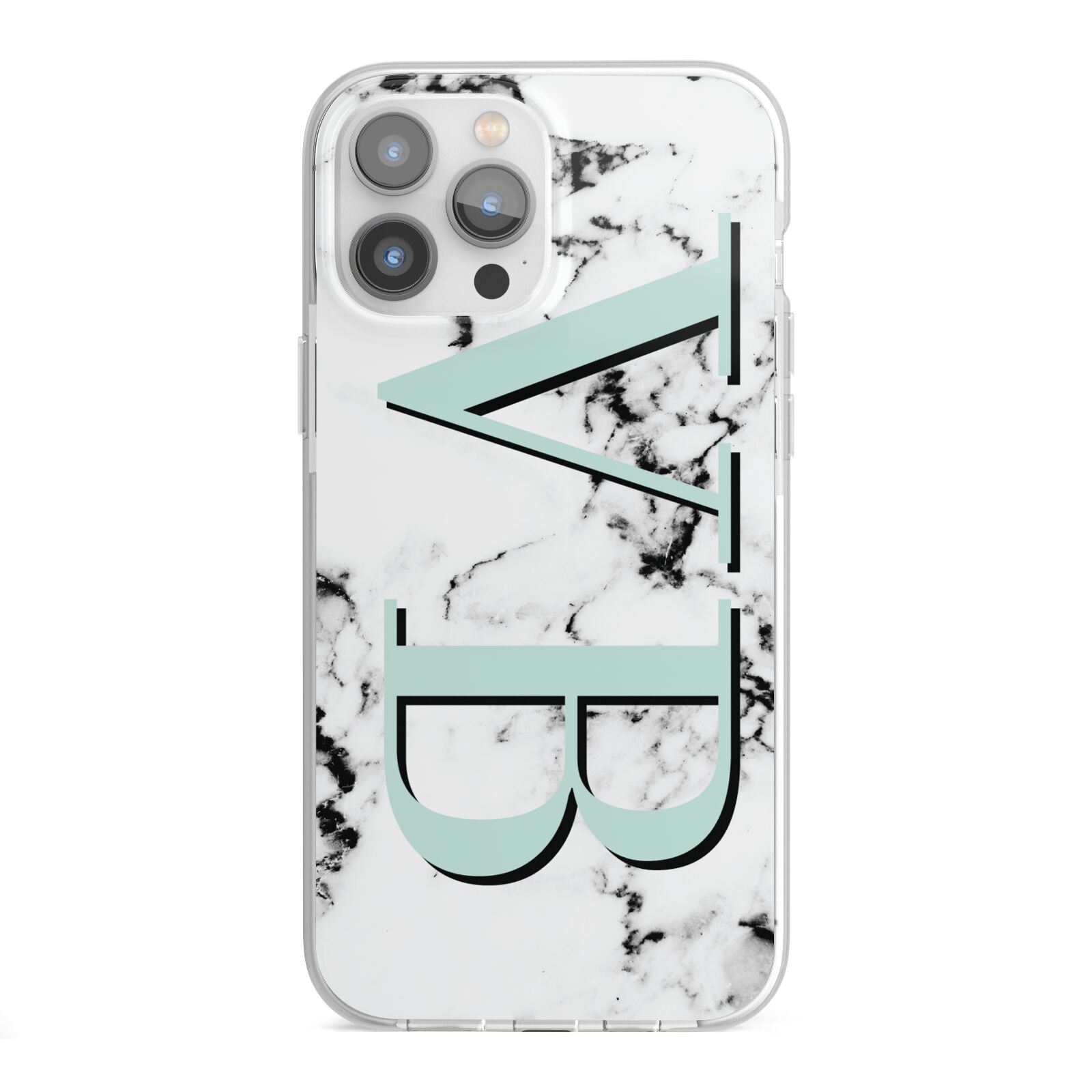 Personalised Mint Big Initials Marble iPhone 13 Pro Max TPU Impact Case with White Edges