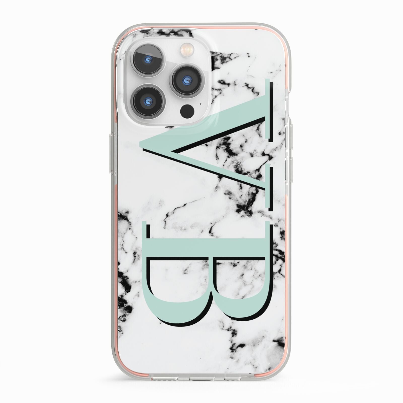 Personalised Mint Big Initials Marble iPhone 13 Pro TPU Impact Case with Pink Edges