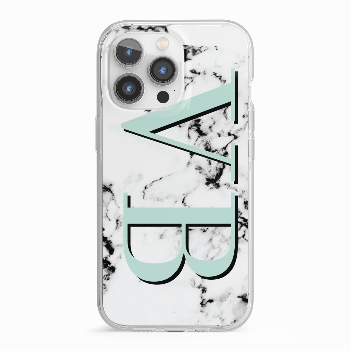 Personalised Mint Big Initials Marble iPhone 13 Pro TPU Impact Case with White Edges