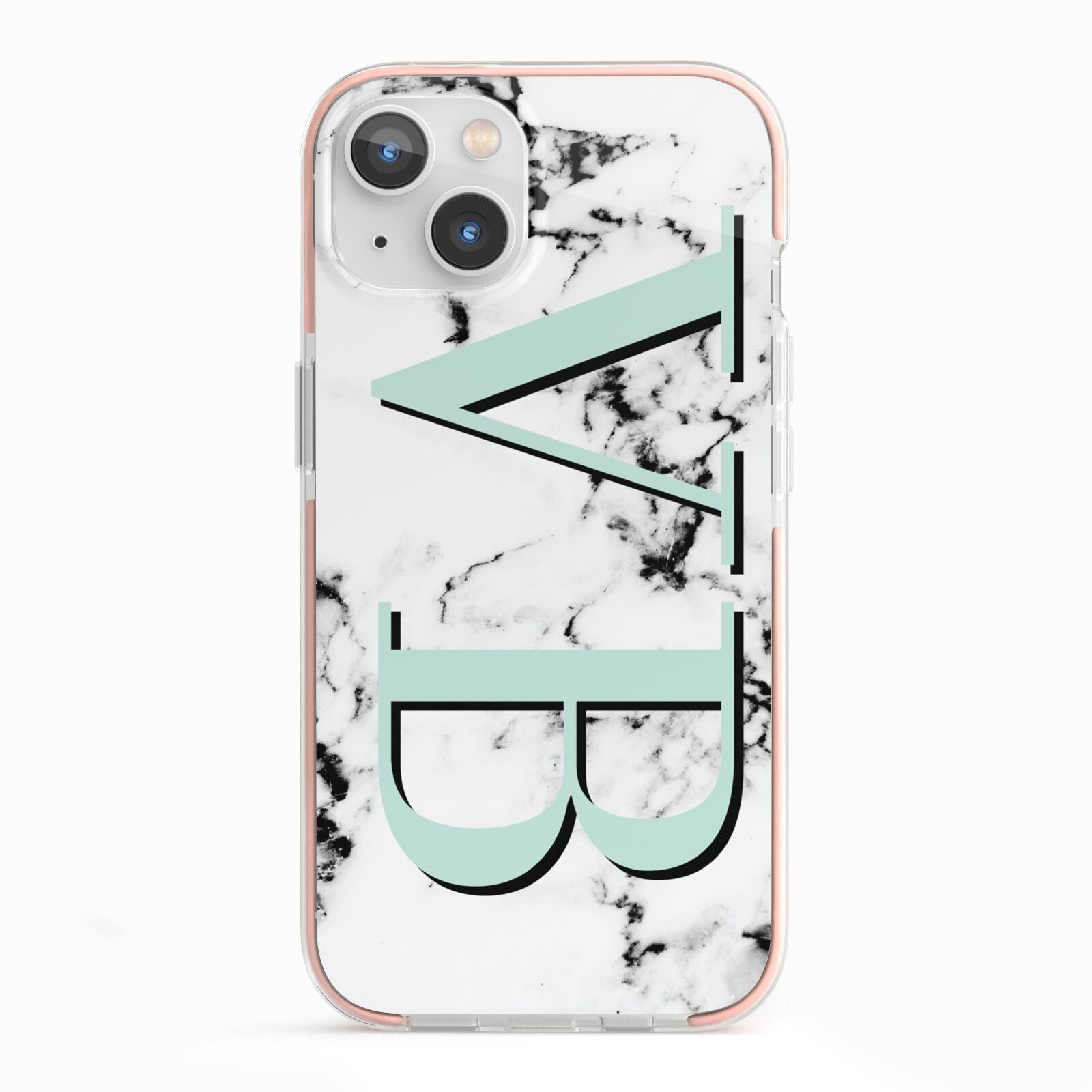 Personalised Mint Big Initials Marble iPhone 13 TPU Impact Case with Pink Edges