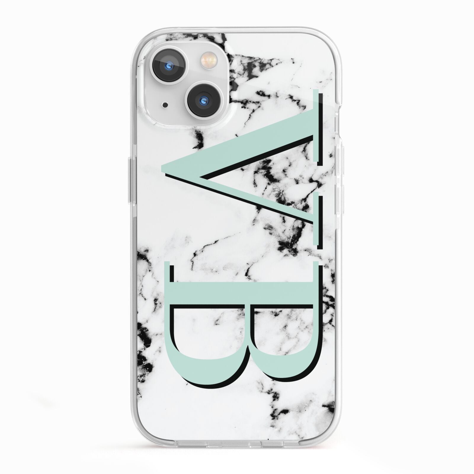 Personalised Mint Big Initials Marble iPhone 13 TPU Impact Case with White Edges