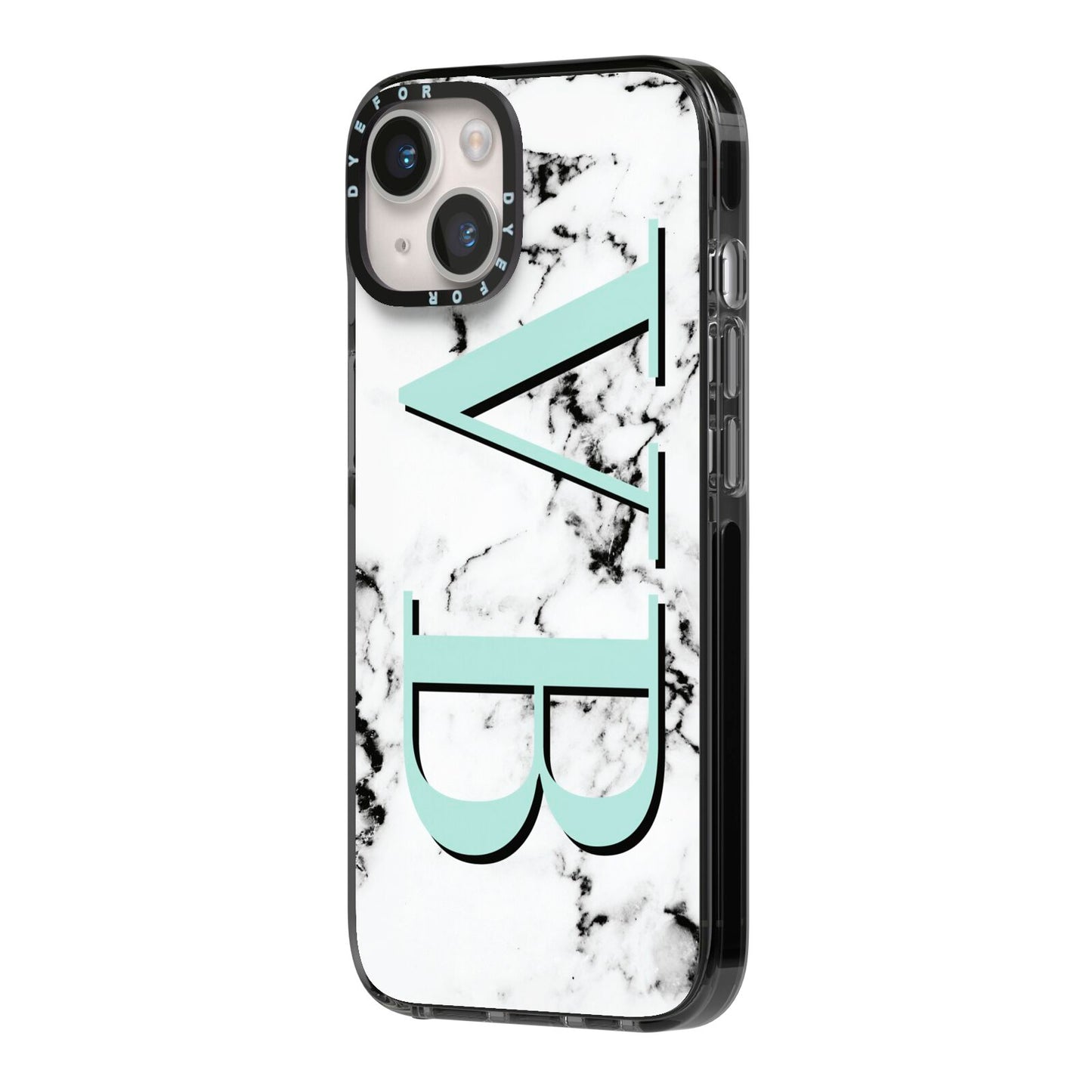 Personalised Mint Big Initials Marble iPhone 14 Black Impact Case Side Angle on Silver phone