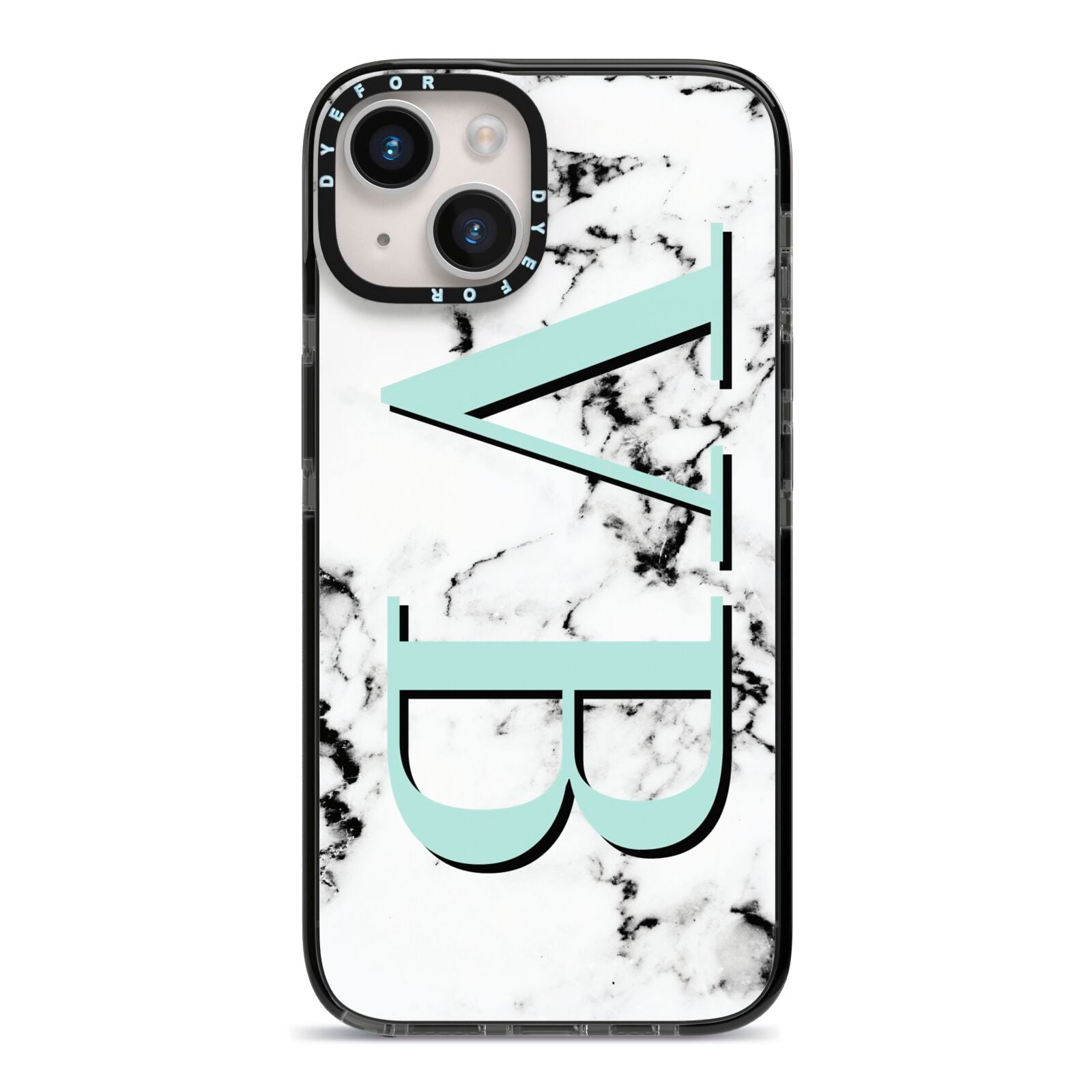 Personalised Mint Big Initials Marble iPhone 14 Black Impact Case on Silver phone