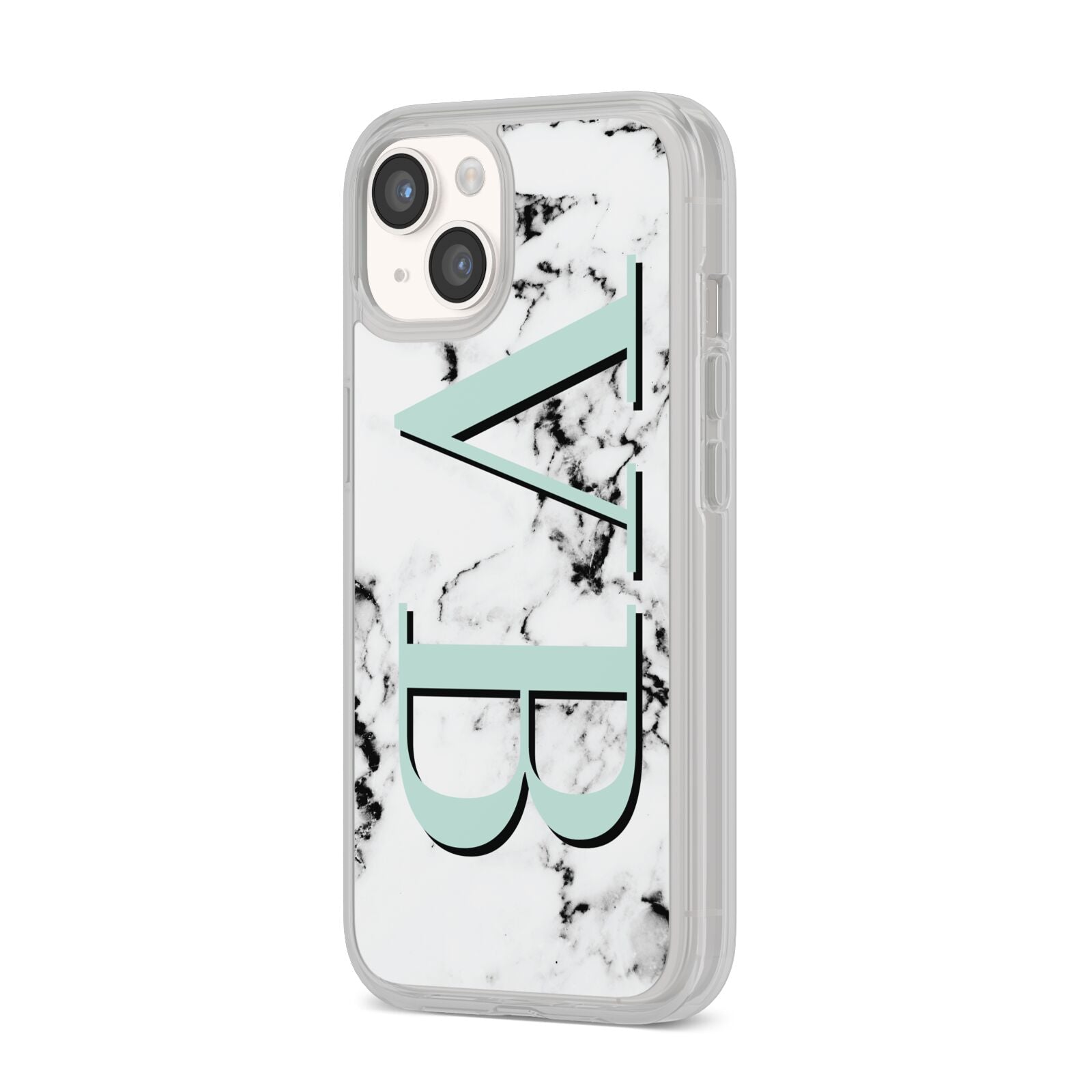 Personalised Mint Big Initials Marble iPhone 14 Clear Tough Case Starlight Angled Image