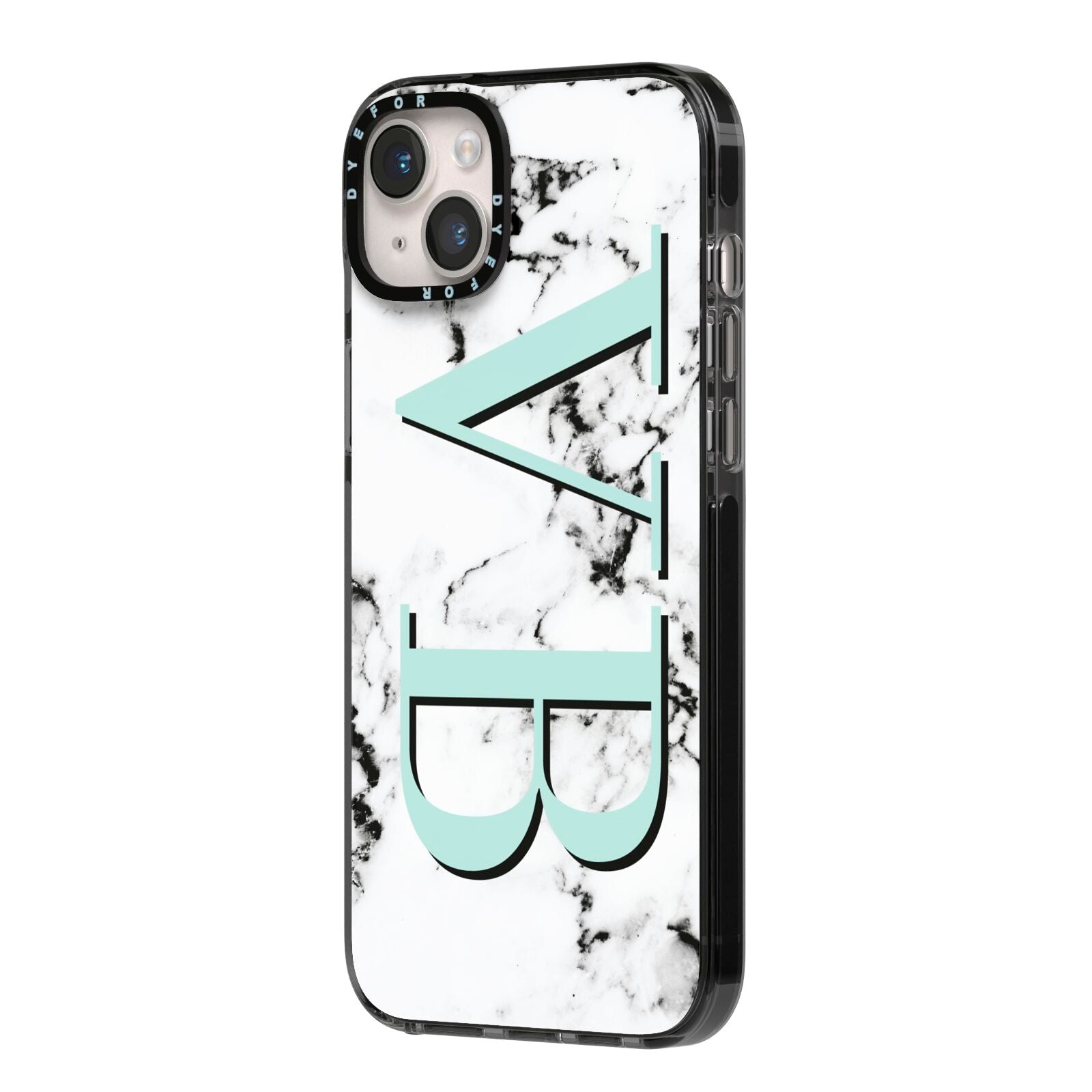 Personalised Mint Big Initials Marble iPhone 14 Plus Black Impact Case Side Angle on Silver phone