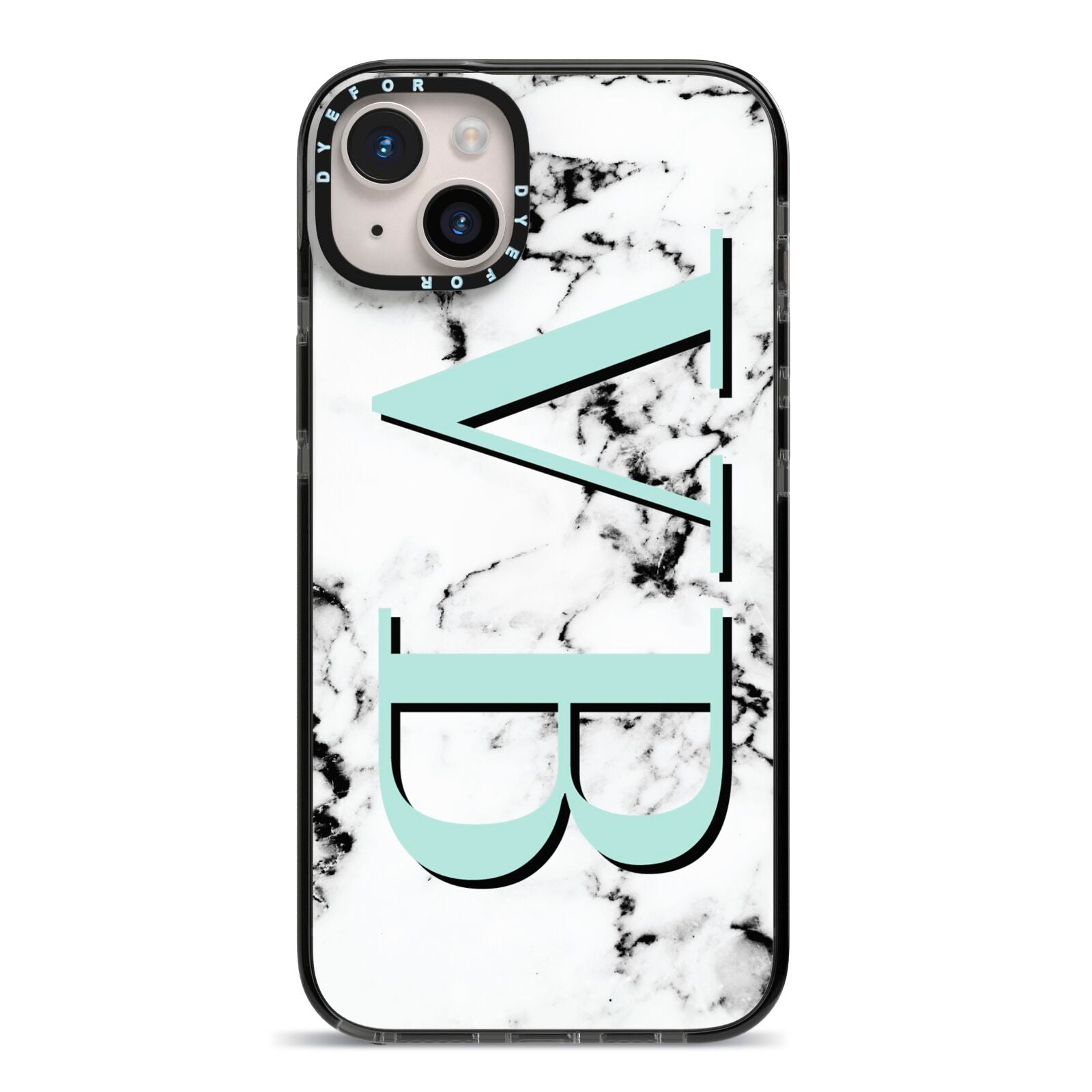 Personalised Mint Big Initials Marble iPhone 14 Plus Black Impact Case on Silver phone