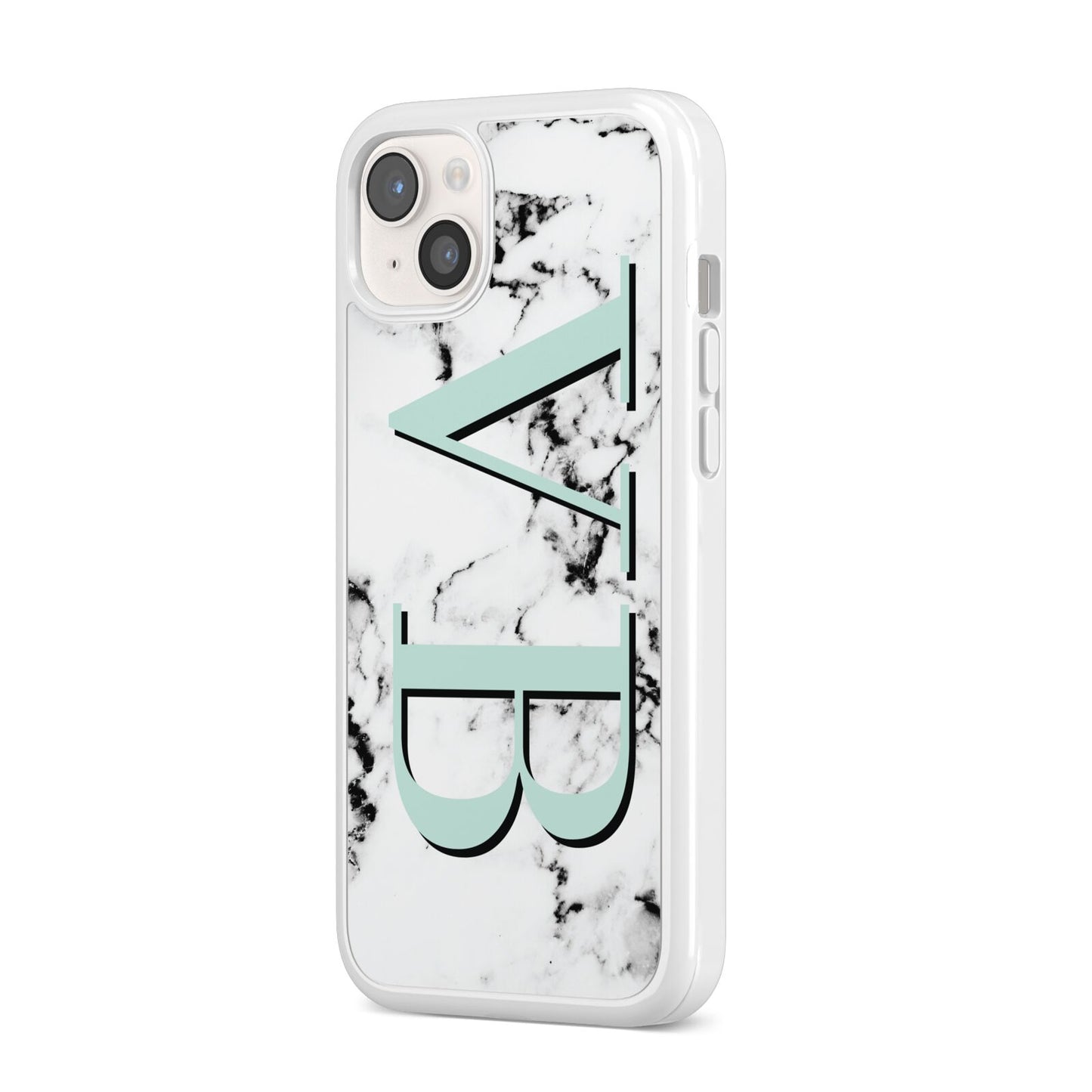 Personalised Mint Big Initials Marble iPhone 14 Plus Clear Tough Case Starlight Angled Image