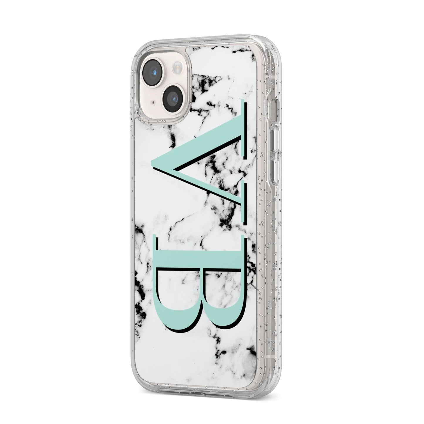 Personalised Mint Big Initials Marble iPhone 14 Plus Glitter Tough Case Starlight Angled Image