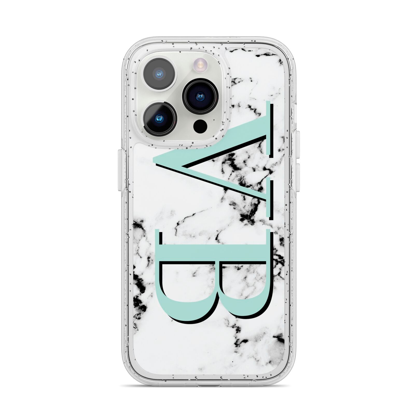 Personalised Mint Big Initials Marble iPhone 14 Pro Glitter Tough Case Silver