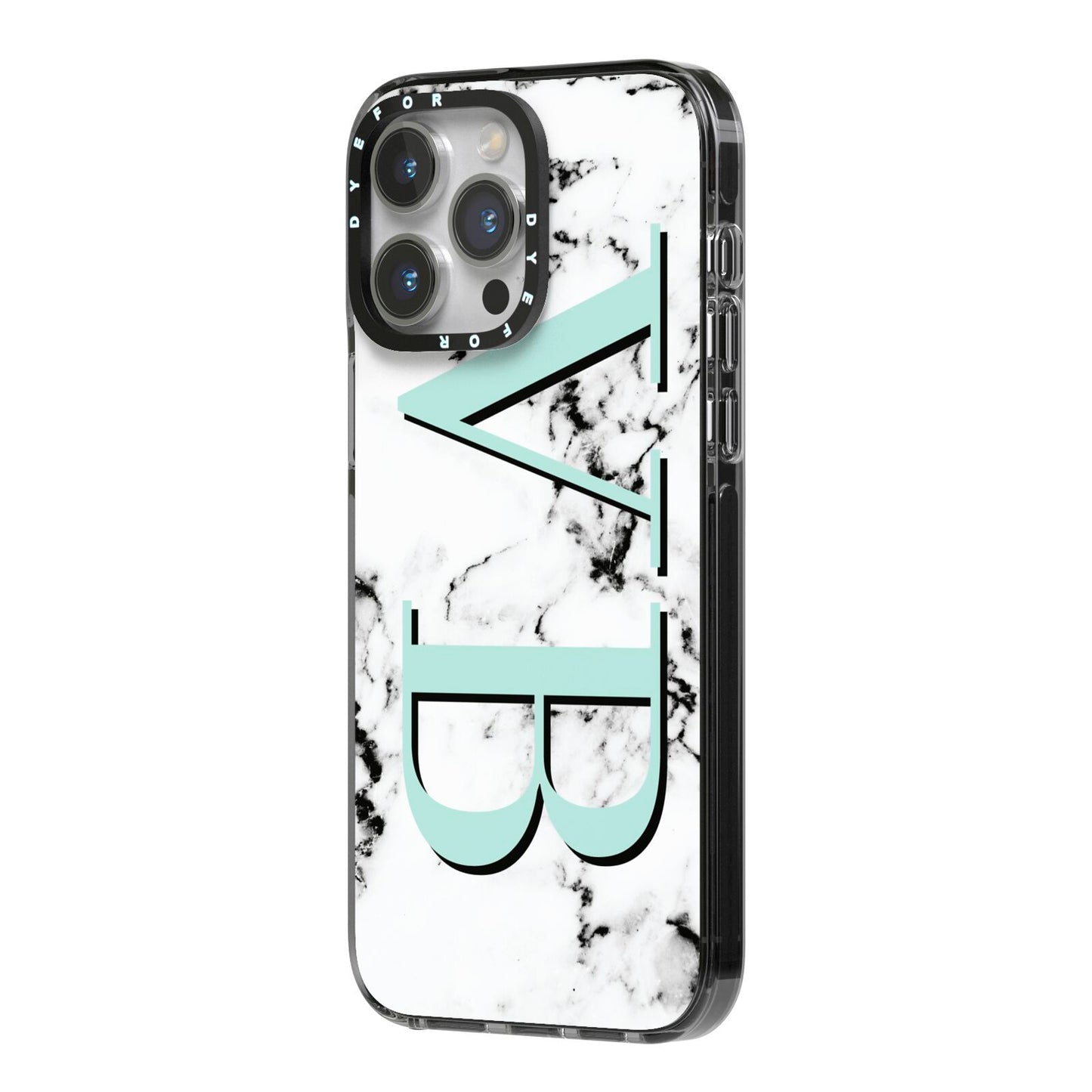 Personalised Mint Big Initials Marble iPhone 14 Pro Max Black Impact Case Side Angle on Silver phone