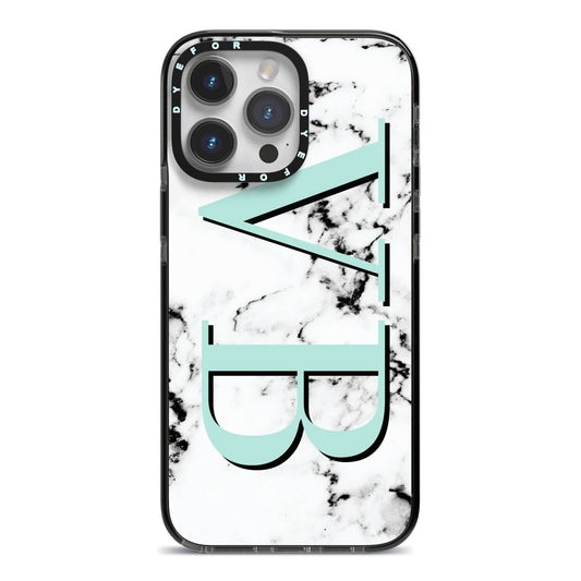 Personalised Mint Big Initials Marble iPhone 14 Pro Max Black Impact Case on Silver phone