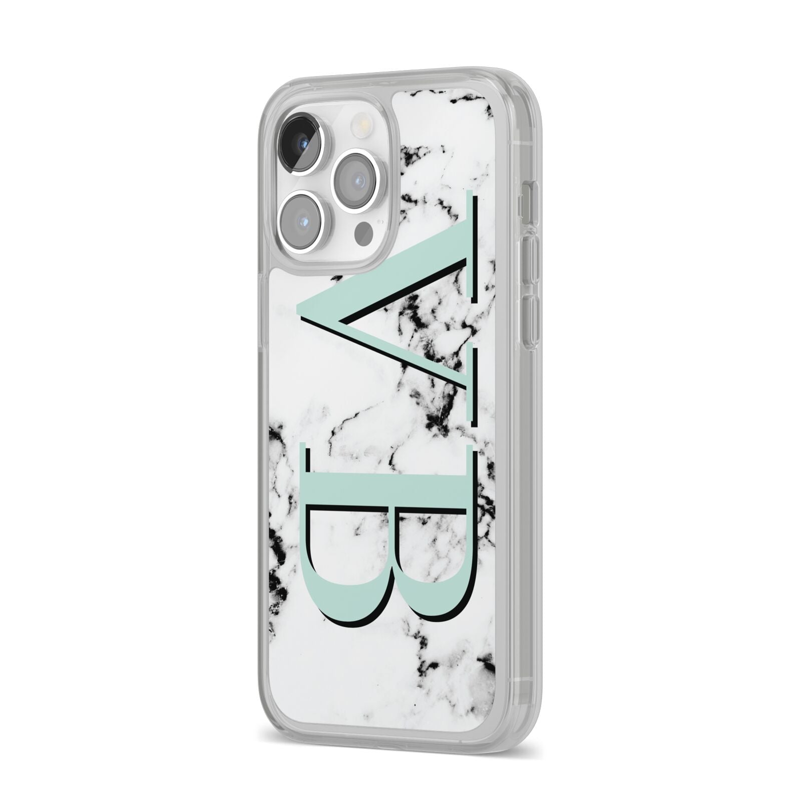 Personalised Mint Big Initials Marble iPhone 14 Pro Max Clear Tough Case Silver Angled Image