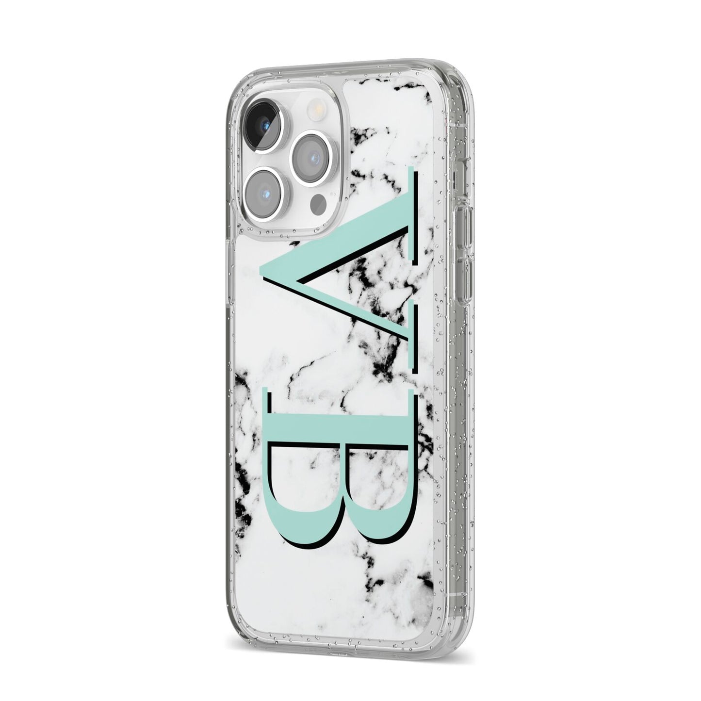 Personalised Mint Big Initials Marble iPhone 14 Pro Max Glitter Tough Case Silver Angled Image