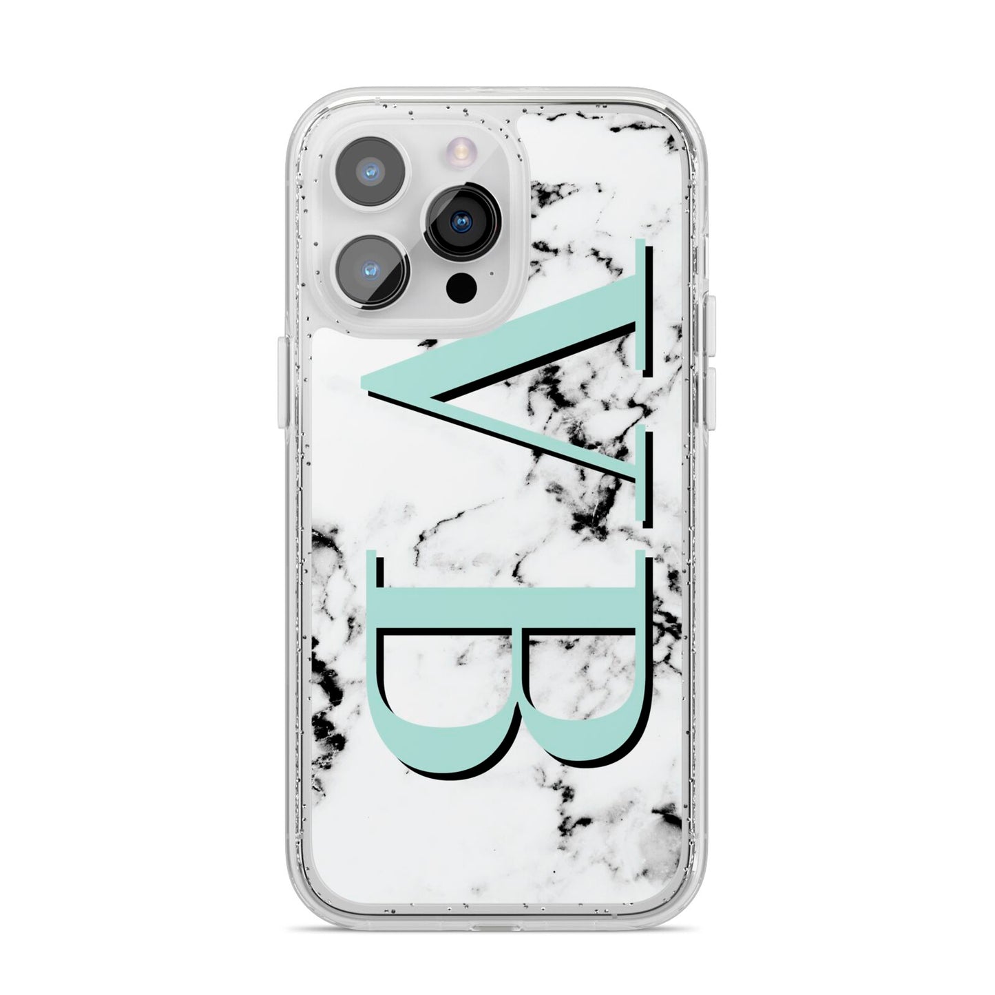 Personalised Mint Big Initials Marble iPhone 14 Pro Max Glitter Tough Case Silver