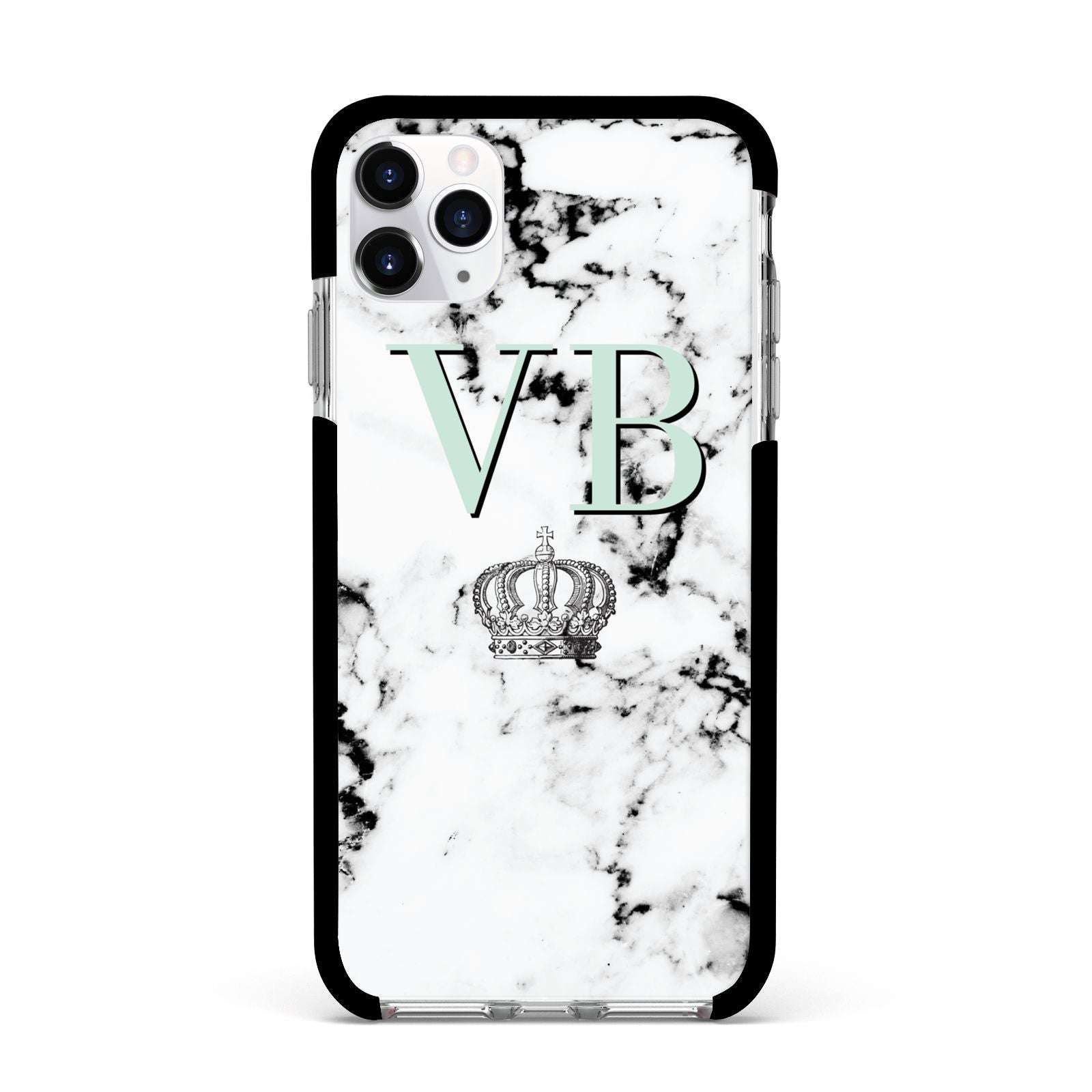 Personalised Mint Crown Initials Marble Apple iPhone 11 Pro Max in Silver with Black Impact Case