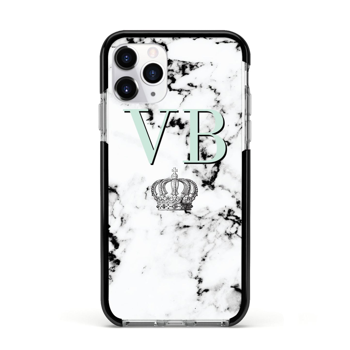 Personalised Mint Crown Initials Marble Apple iPhone 11 Pro in Silver with Black Impact Case