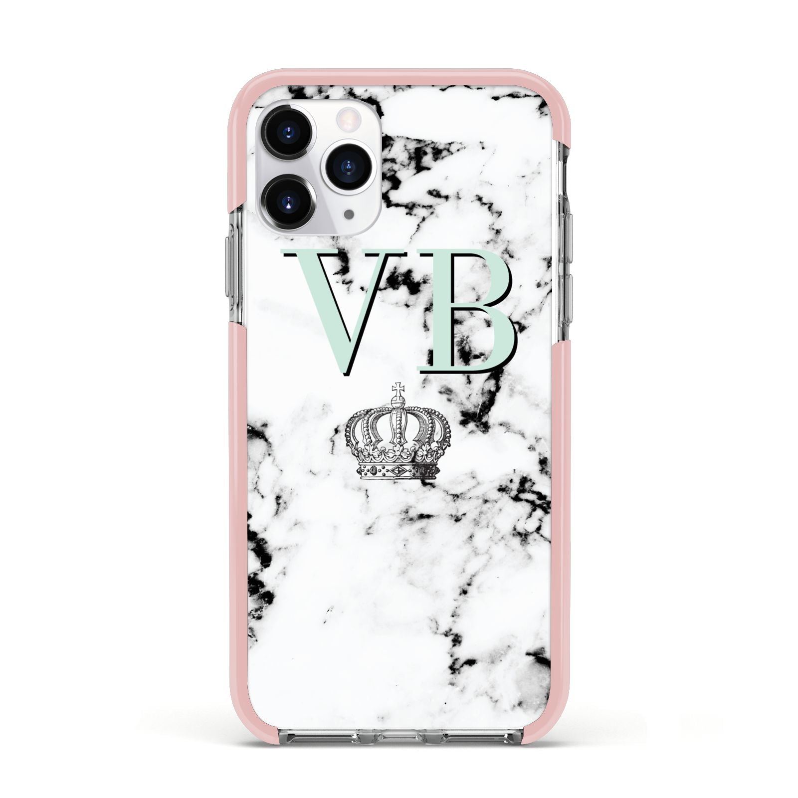 Personalised Mint Crown Initials Marble Apple iPhone 11 Pro in Silver with Pink Impact Case