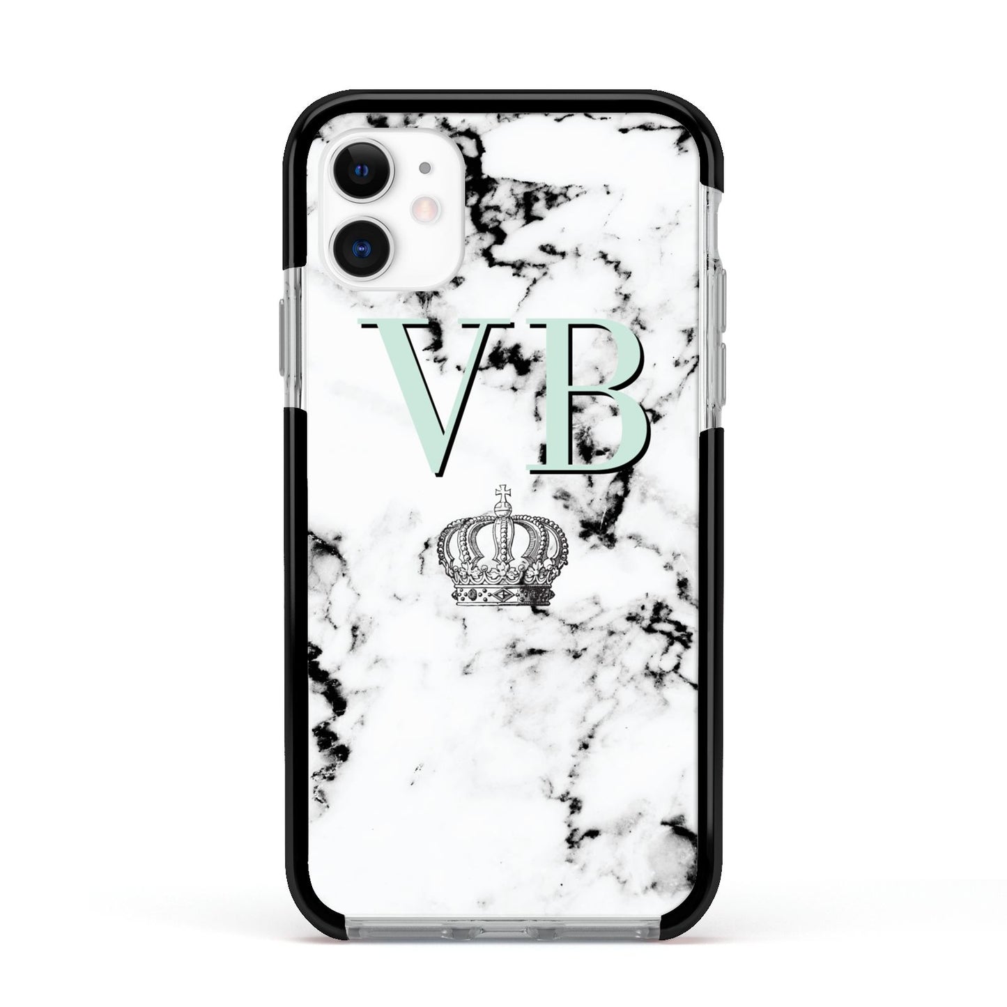 Personalised Mint Crown Initials Marble Apple iPhone 11 in White with Black Impact Case