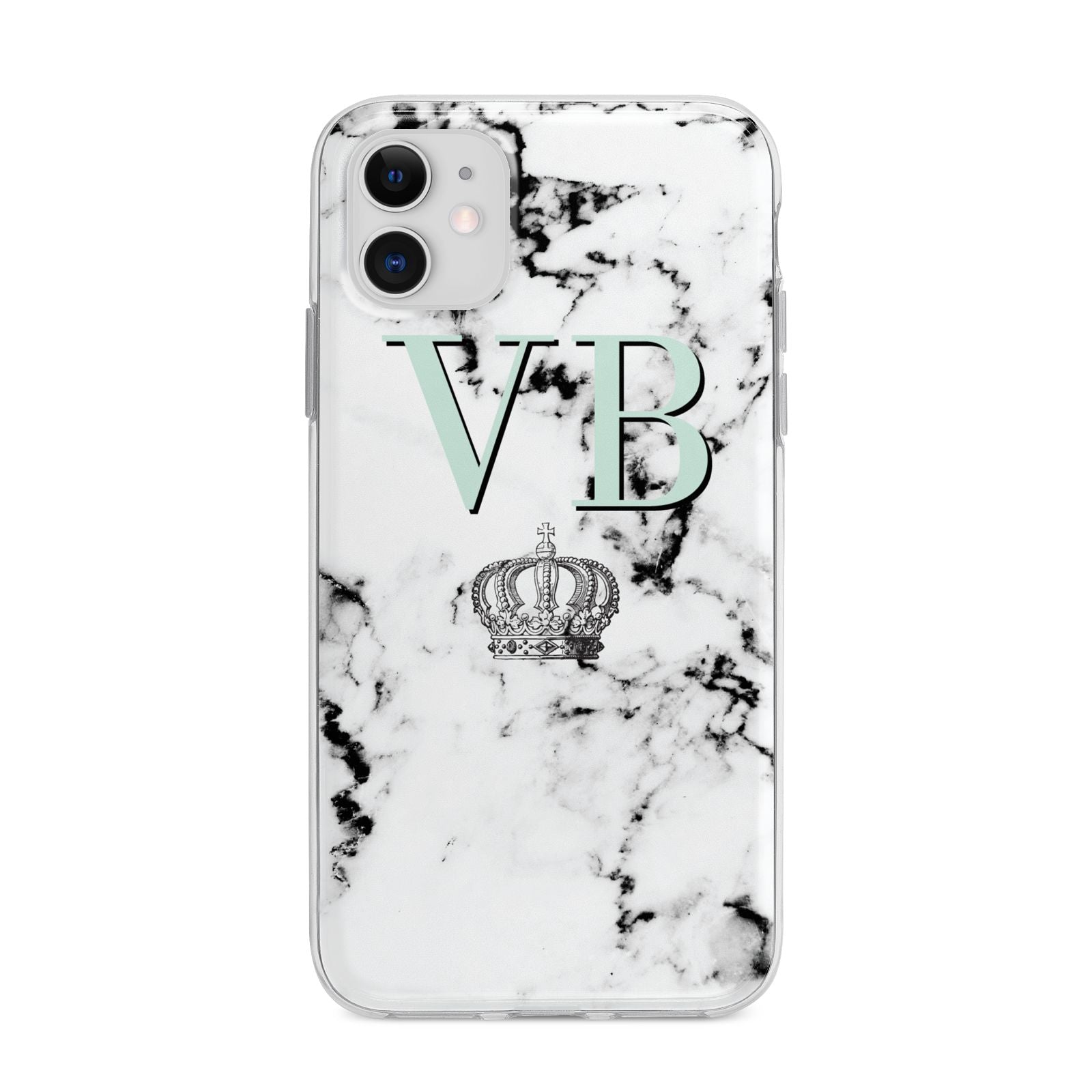 Personalised Mint Crown Initials Marble Apple iPhone 11 in White with Bumper Case