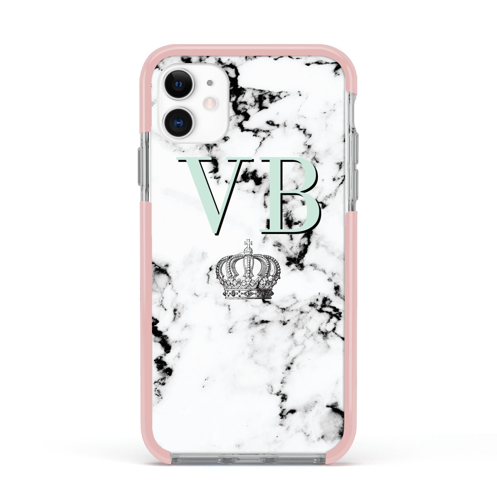 Personalised Mint Crown Initials Marble Apple iPhone 11 in White with Pink Impact Case