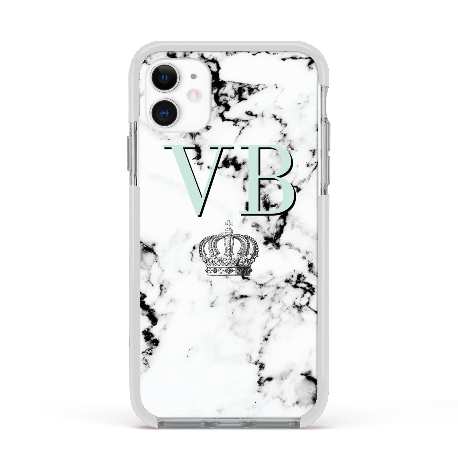 Personalised Mint Crown Initials Marble Apple iPhone 11 in White with White Impact Case