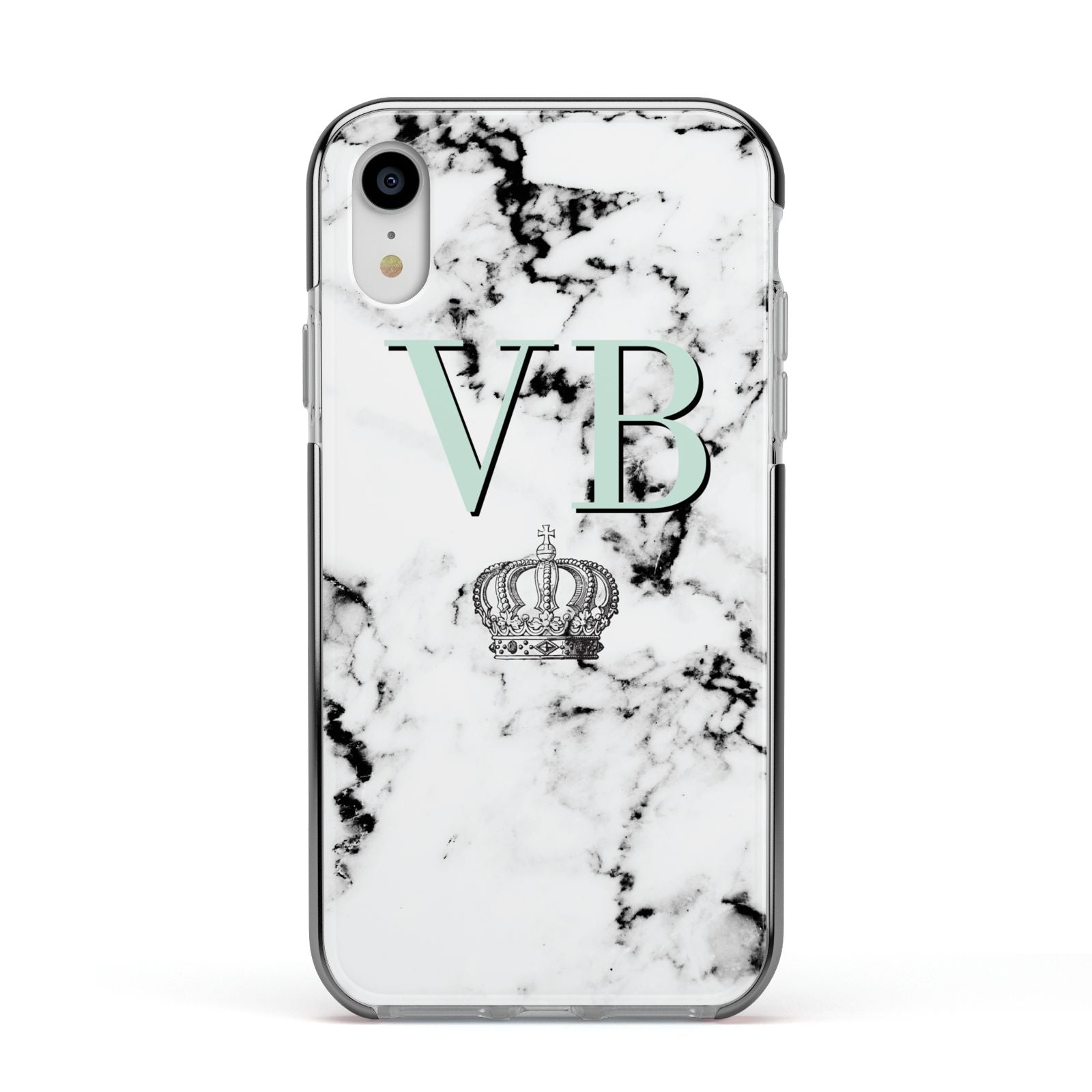 Personalised Mint Crown Initials Marble Apple iPhone XR Impact Case Black Edge on Silver Phone