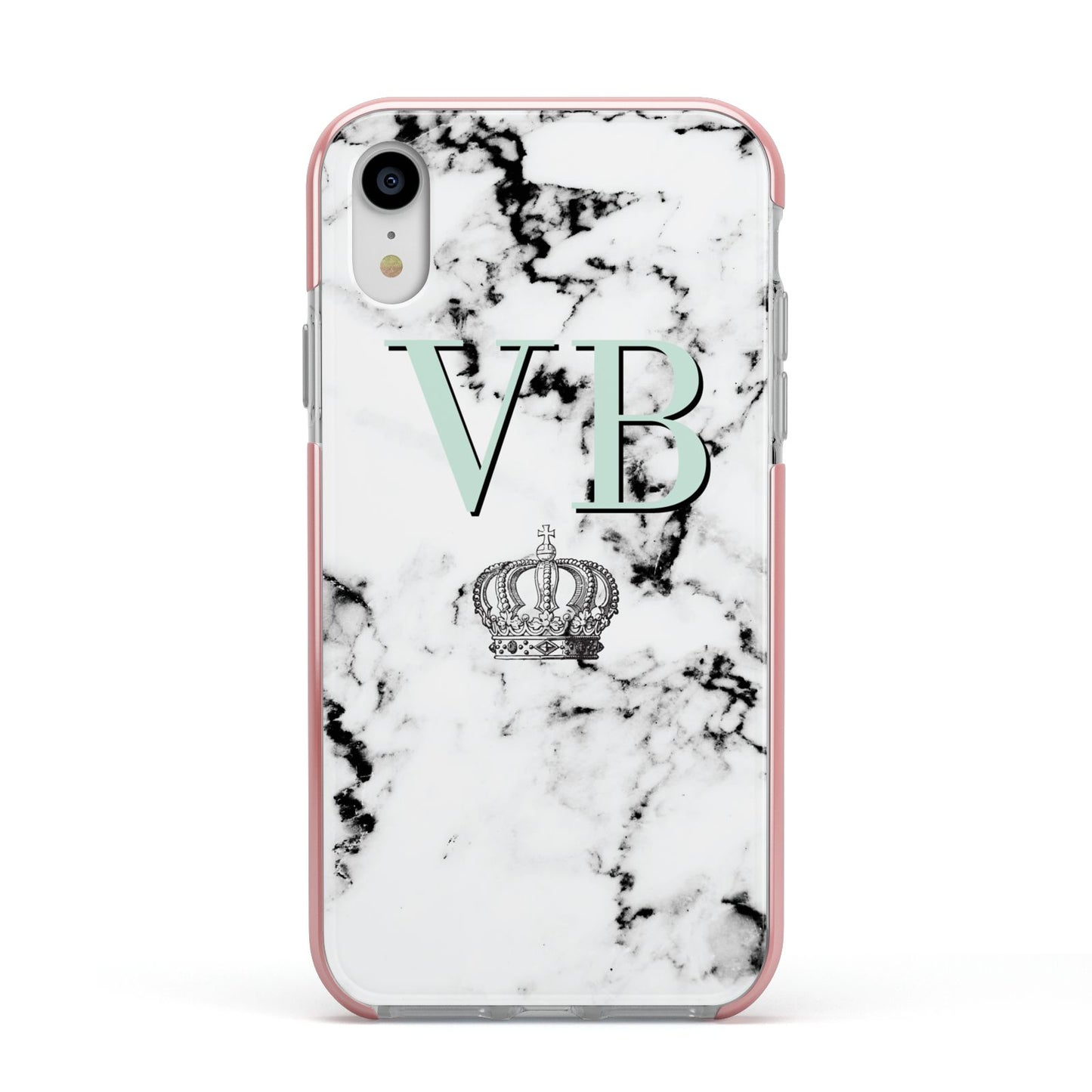 Personalised Mint Crown Initials Marble Apple iPhone XR Impact Case Pink Edge on Silver Phone