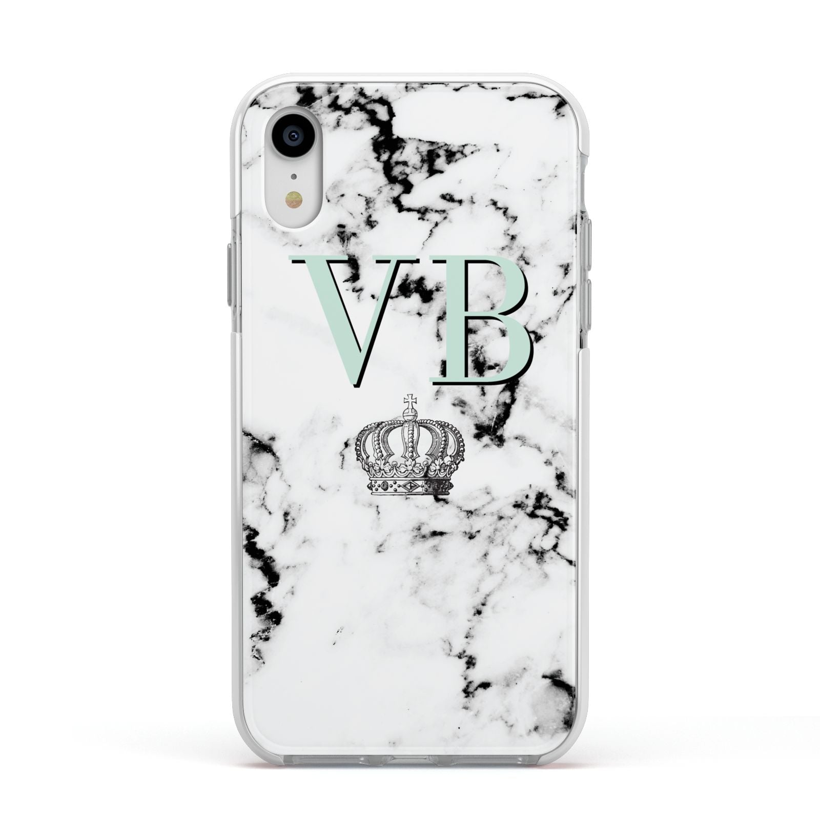 Personalised Mint Crown Initials Marble Apple iPhone XR Impact Case White Edge on Silver Phone