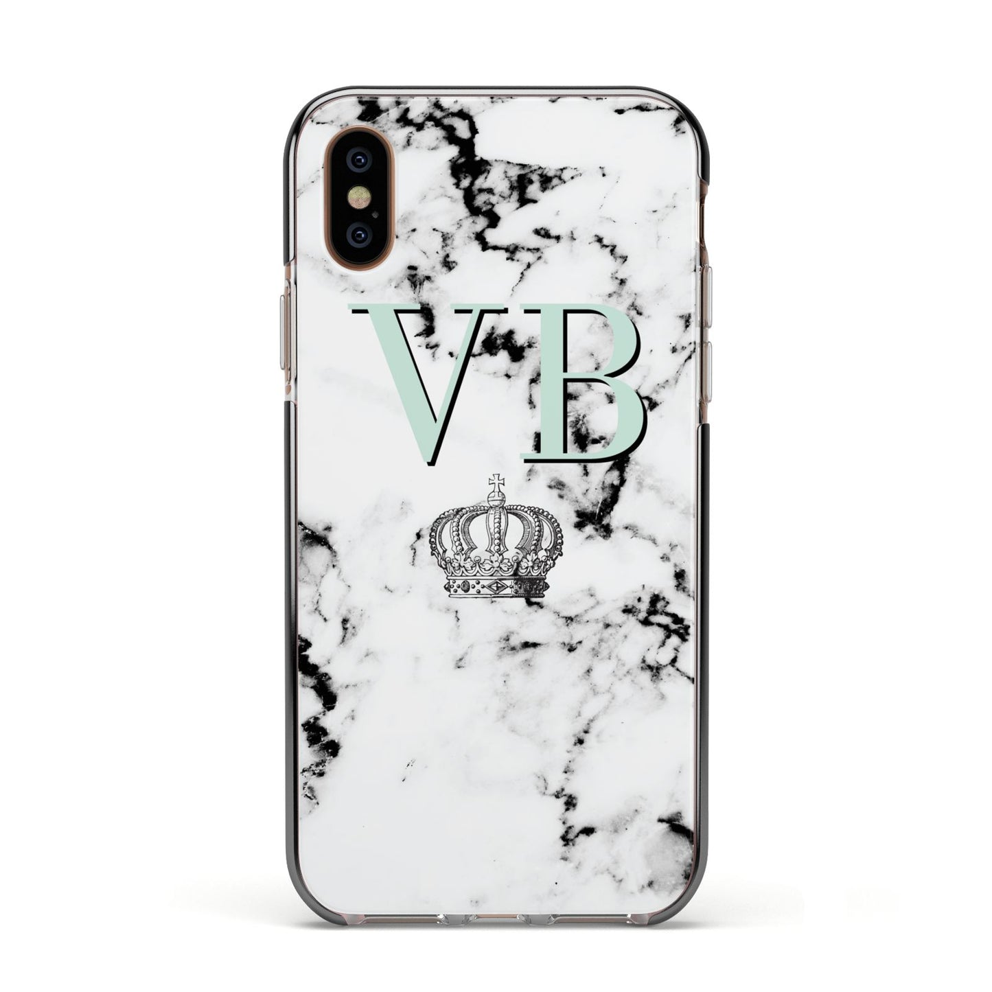 Personalised Mint Crown Initials Marble Apple iPhone Xs Impact Case Black Edge on Gold Phone