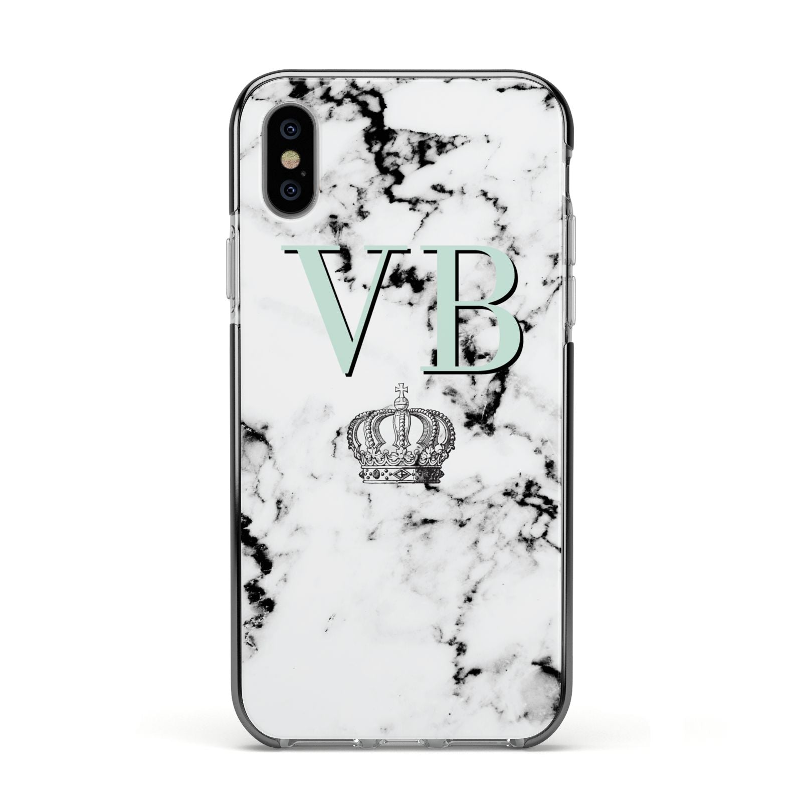 Personalised Mint Crown Initials Marble Apple iPhone Xs Impact Case Black Edge on Silver Phone