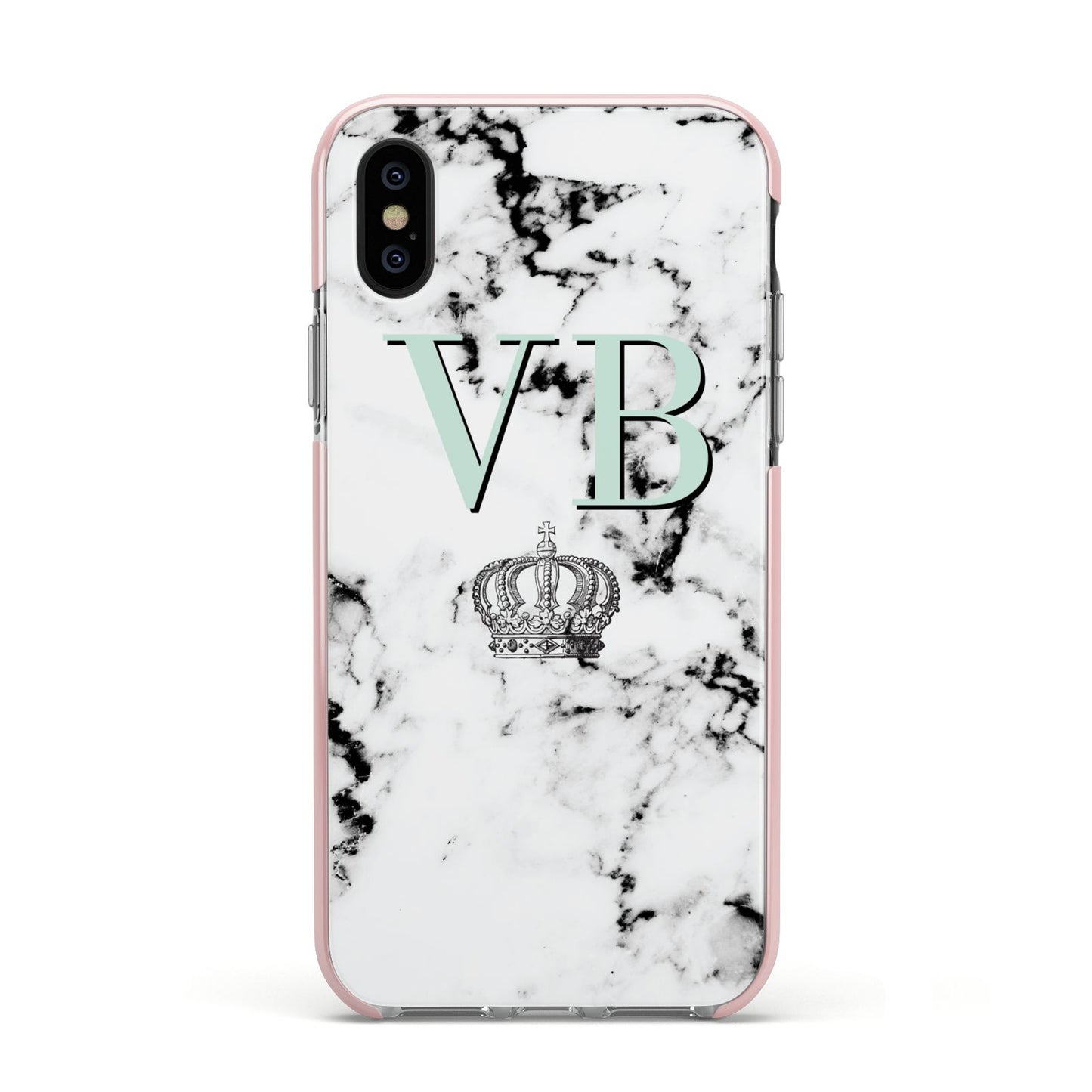 Personalised Mint Crown Initials Marble Apple iPhone Xs Impact Case Pink Edge on Black Phone