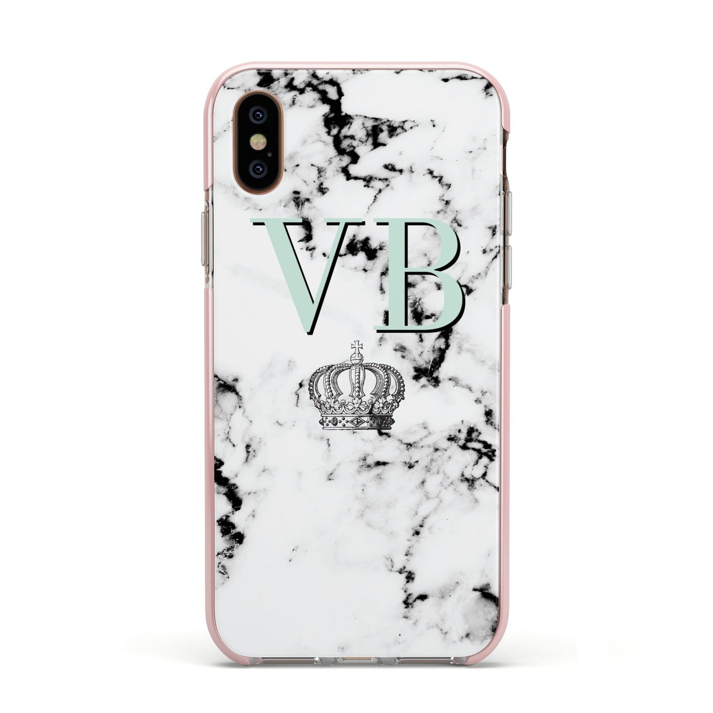 Personalised Mint Crown Initials Marble Apple iPhone Xs Impact Case Pink Edge on Gold Phone