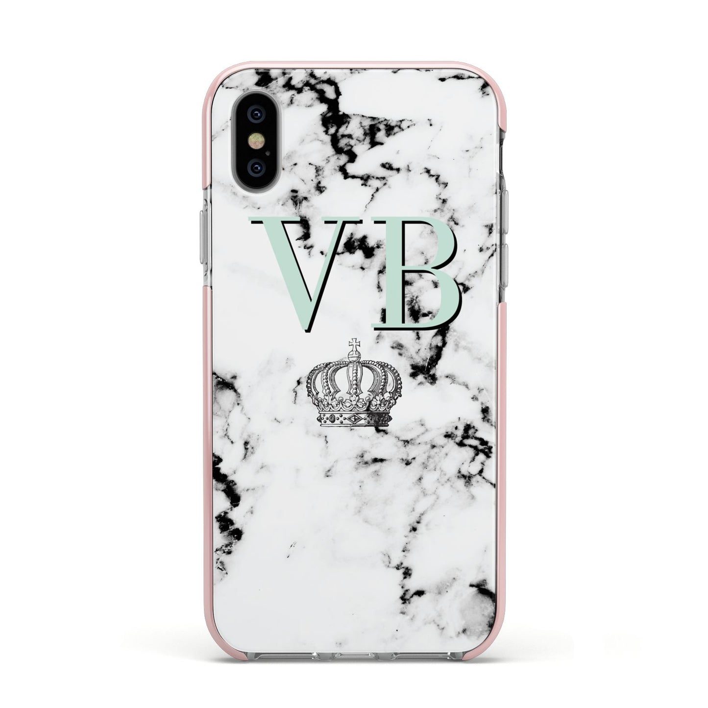 Personalised Mint Crown Initials Marble Apple iPhone Xs Impact Case Pink Edge on Silver Phone