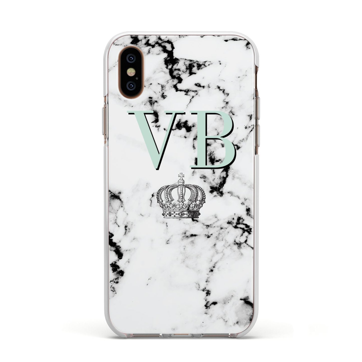 Personalised Mint Crown Initials Marble Apple iPhone Xs Impact Case White Edge on Gold Phone