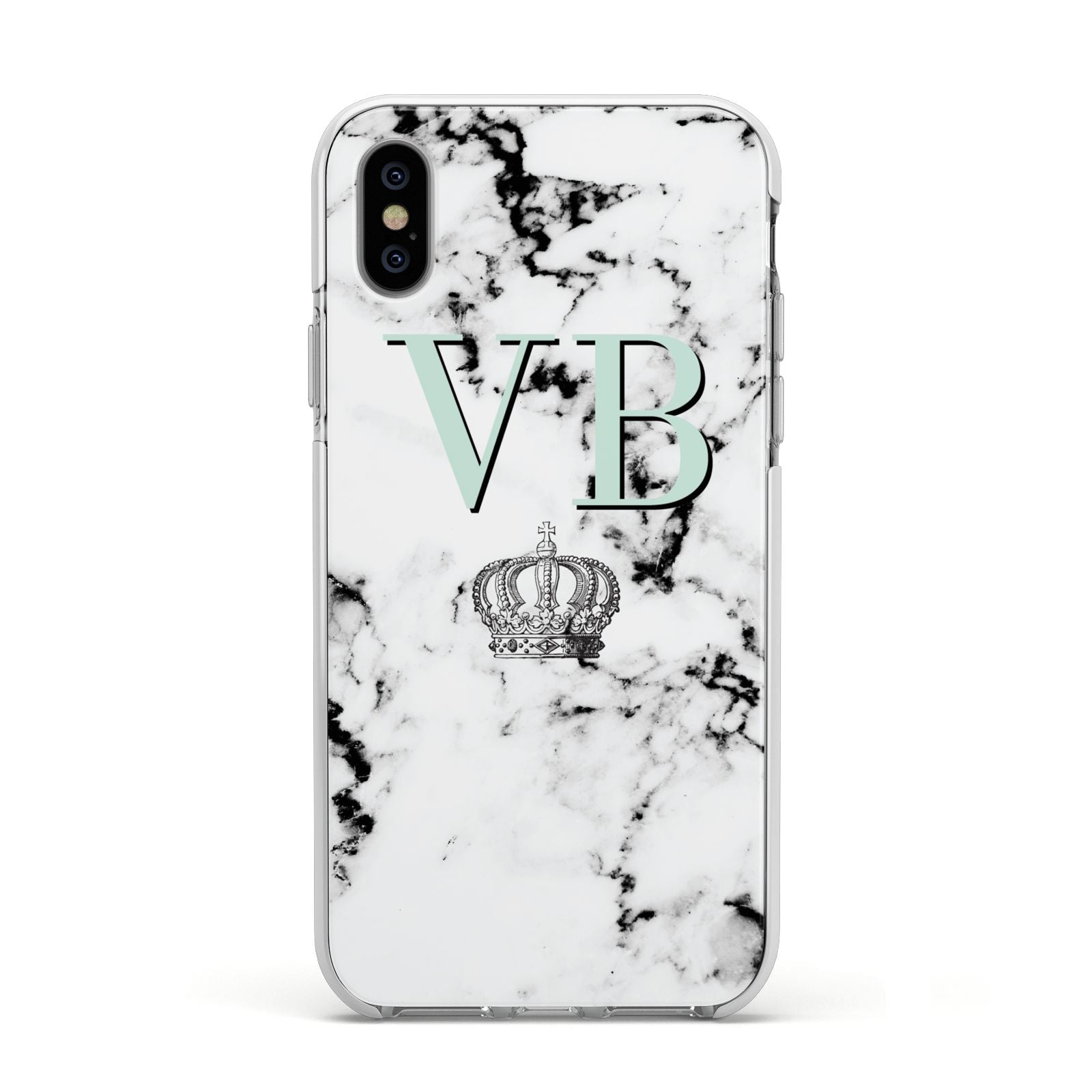 Personalised Mint Crown Initials Marble Apple iPhone Xs Impact Case White Edge on Silver Phone