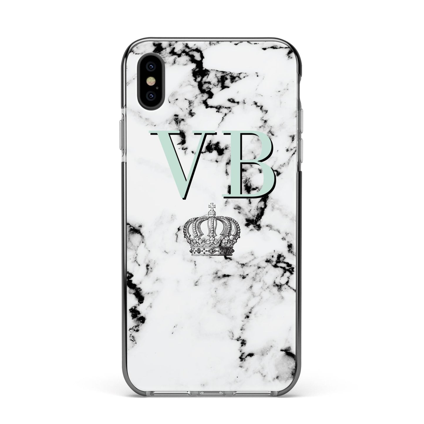 Personalised Mint Crown Initials Marble Apple iPhone Xs Max Impact Case Black Edge on Black Phone