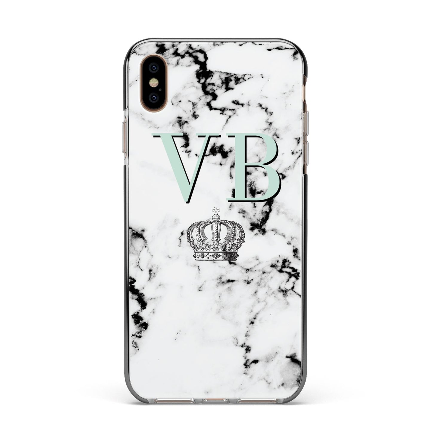 Personalised Mint Crown Initials Marble Apple iPhone Xs Max Impact Case Black Edge on Gold Phone