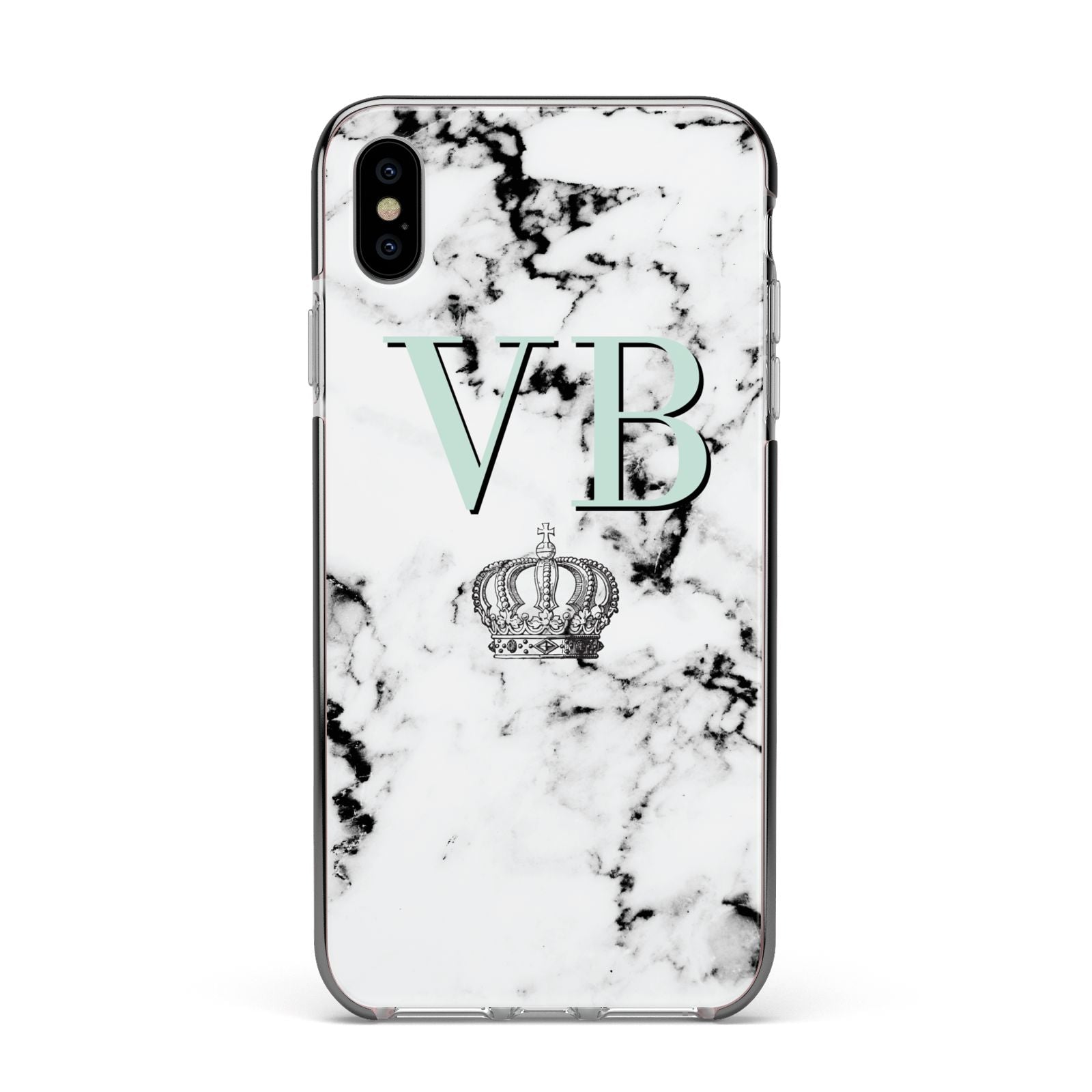 Personalised Mint Crown Initials Marble Apple iPhone Xs Max Impact Case Black Edge on Silver Phone