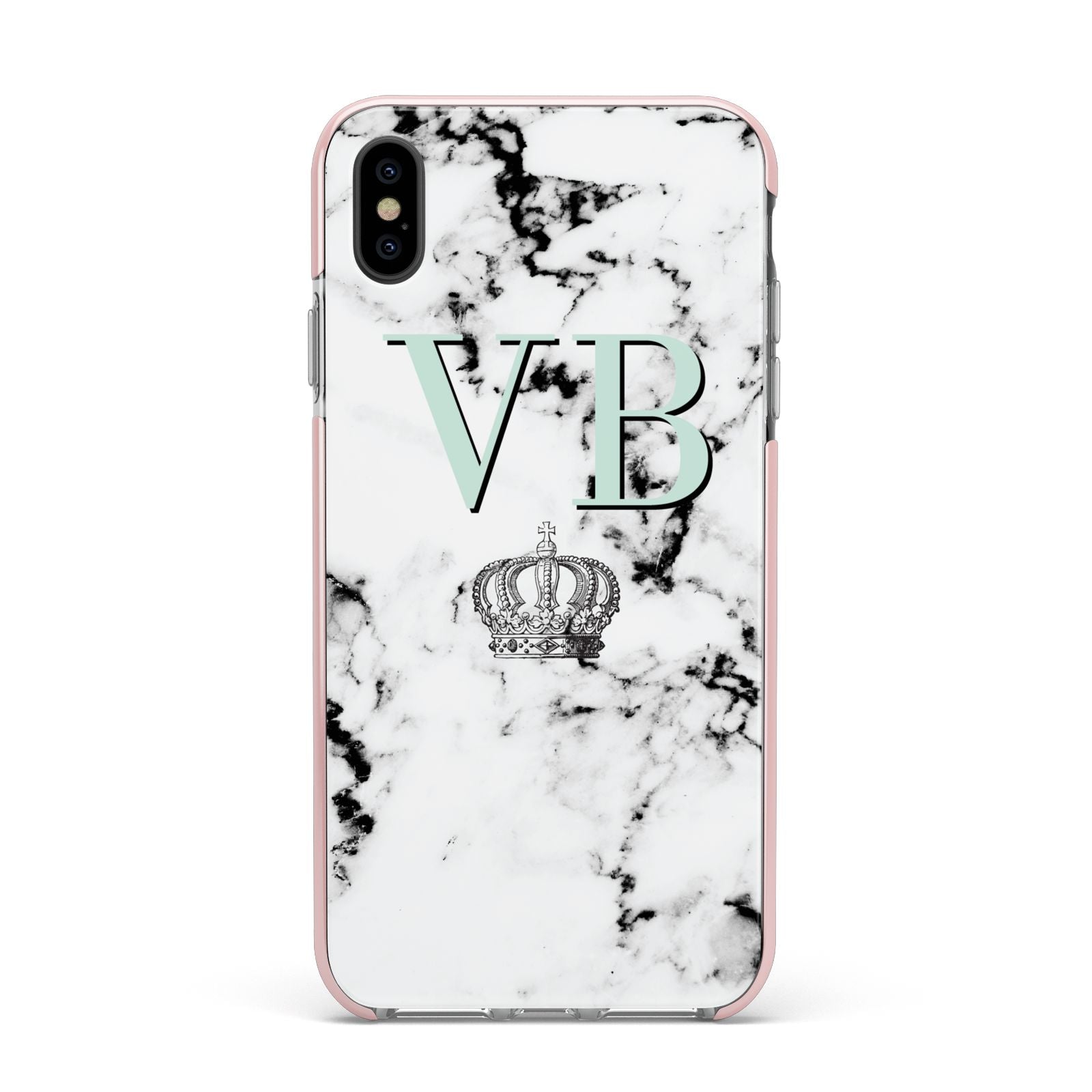 Personalised Mint Crown Initials Marble Apple iPhone Xs Max Impact Case Pink Edge on Black Phone